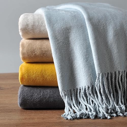 EP Mode Manta reversible de seda de morera con flecos para sofá (azul cristallima)