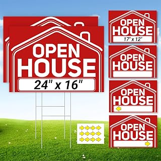 6 Pcs Open House Signs for Real Estate, 2 Pcs 24" x 16" and 4 Pcs 17" x 12" Open House Signs with Sturdy Metal Stakes and Arrow Stickers, Double-Sided Waterproof Yard Signs for Open House Supplies