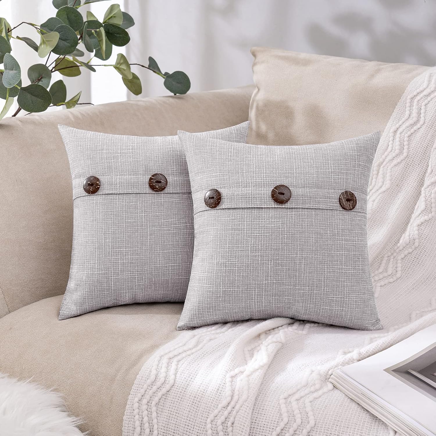 MIULEE Set of 2 Decorative Linen Throw Pillow Covers Cushion Case Triple Button Vintage Farmhouse Pillowcase for Couch Sofa Bed 18 x 18 Inch 45 x 45 cm Beige : Home & Kitchen
