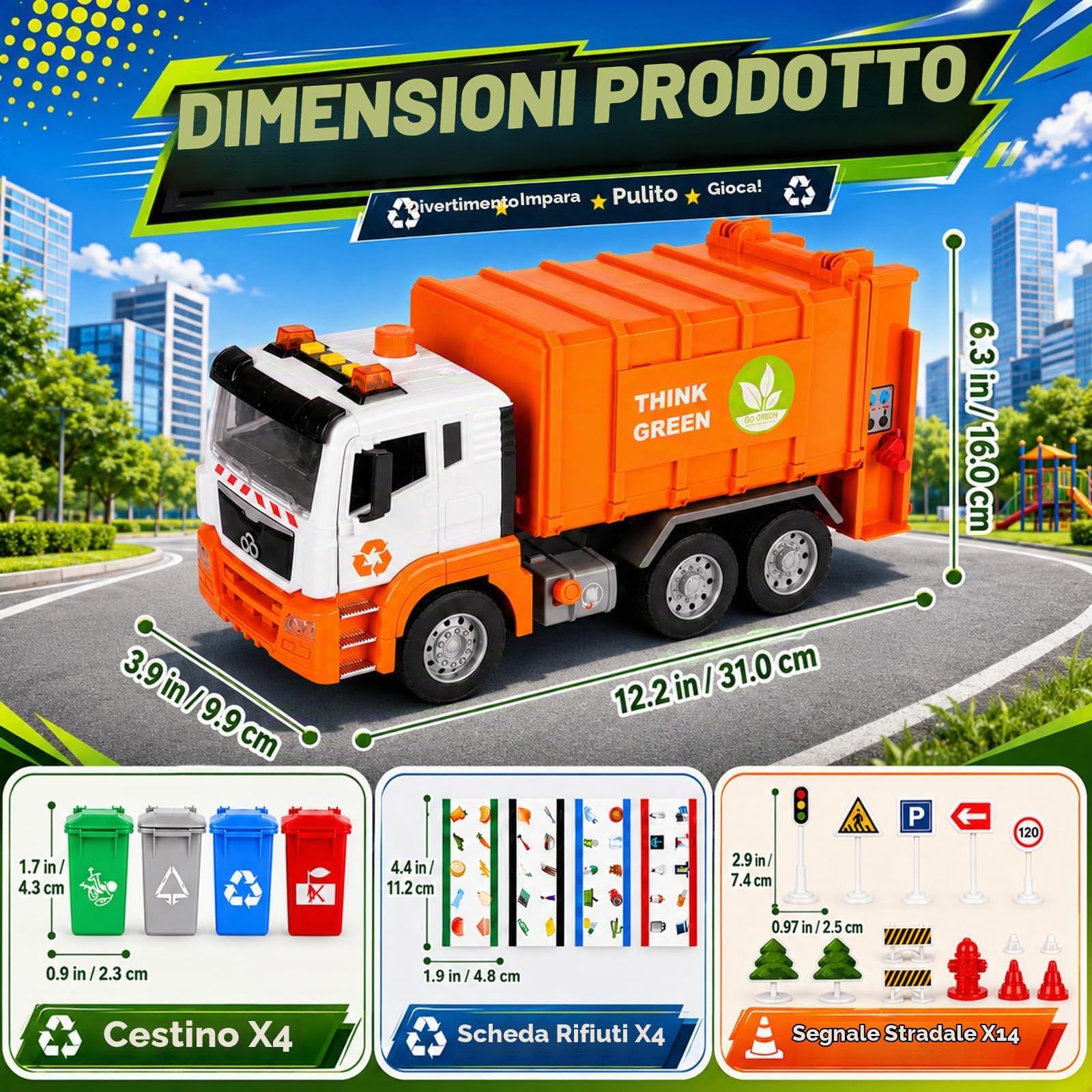 BunnyJOY Camion Spazzatura Giocattolo 3 4 5 6 Anni, Camion Giocattolo Bambini con Luci e Suoni, Veicolo Raccolta Rifiuti, Regalo Bambini, Arancione