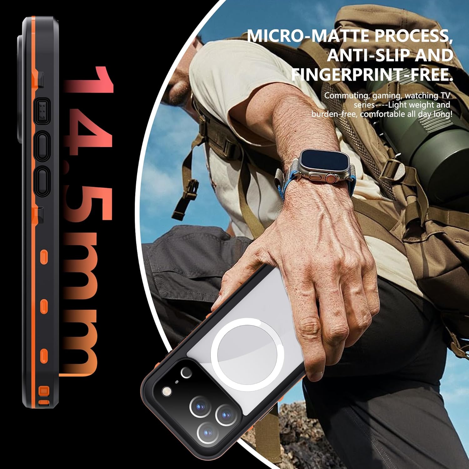 2-Layer Frosted Lens Protection Phone Case for iPhone 17 Pro (2025), IP68 Waterproof for Underwater, Compatible with MagSafe Wireless Charging,Orange