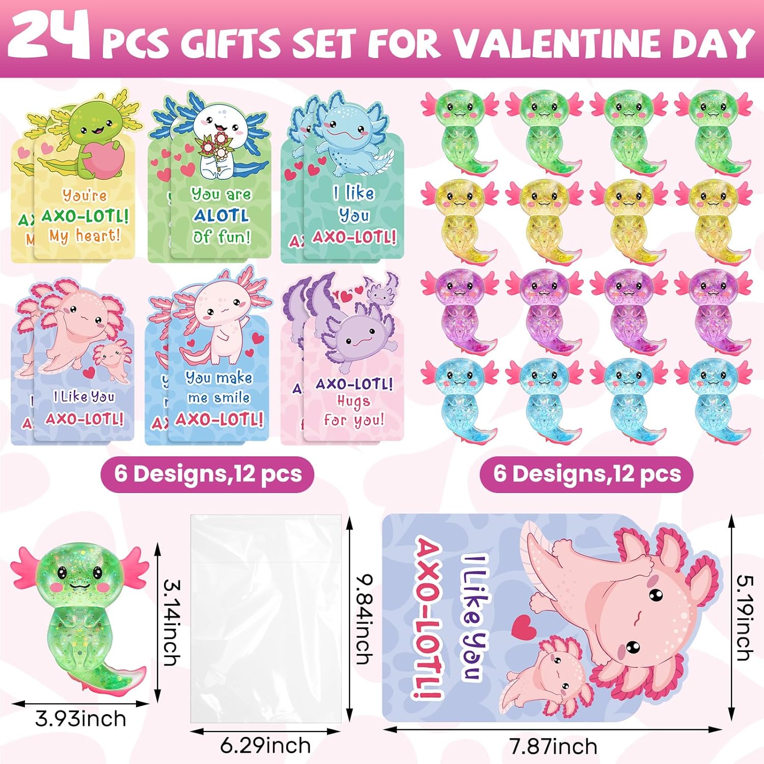 12 Sets Axolotl Valentine's Day Gifts for Kids Axolotl Stress Relief Fidget Toys with Cards Soft Valentines Gifts for School Classroom Exchange Party Favors