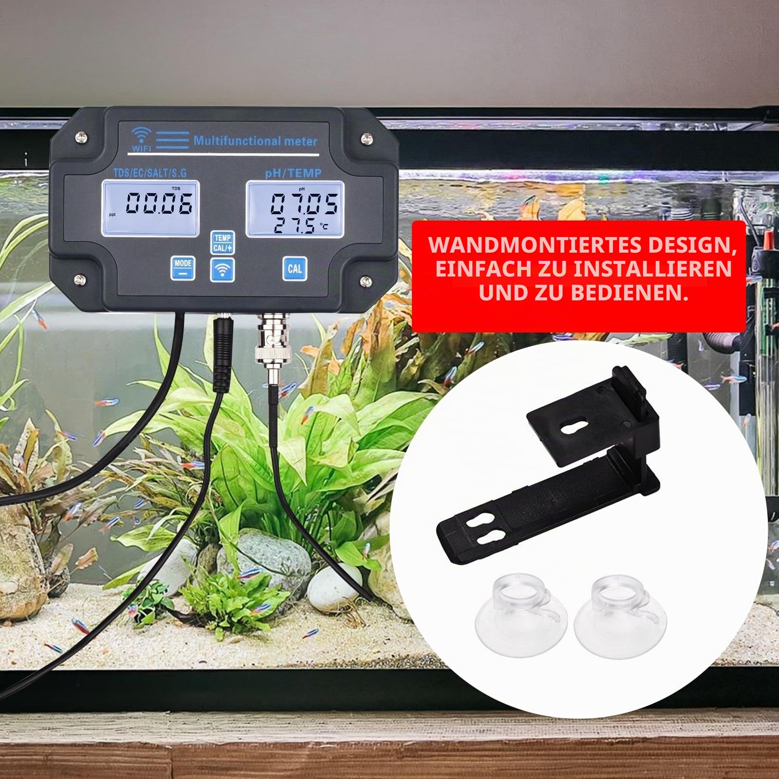 Smart Water Quality Tester, 24 Stunden drahtlose App-Überwachung von pH EC TDS Salzgehalt SG Temperatur, montierbar mit Alarmfunktion für Aquarien & Hydrokulturen