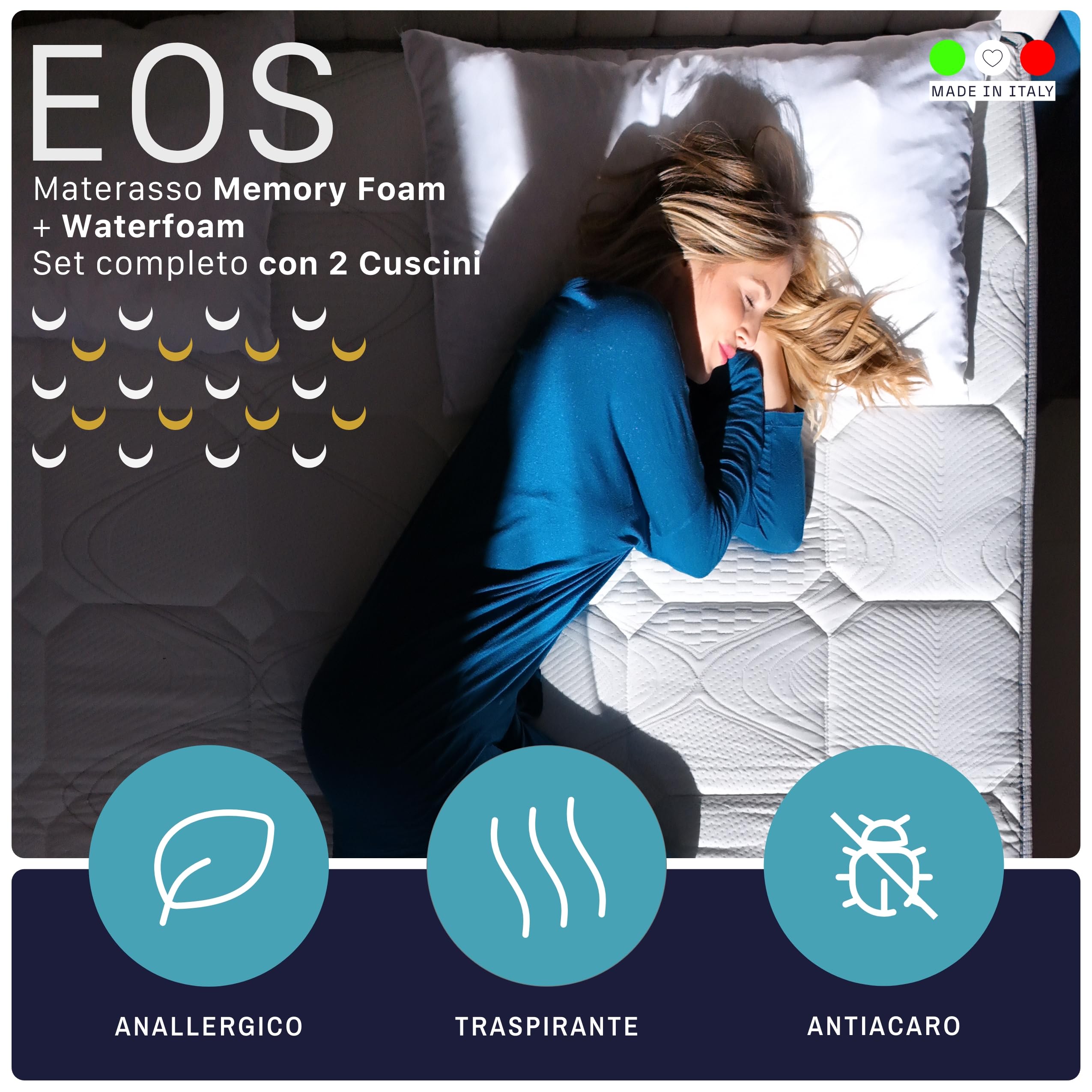 MUUN Eos - Colchón de una plaza y media de 120 x 190 cm de espuma viscoelástica con 2 almohadas incluidas, altura de 21 cm, ortopédico, antiácaros, hipoalergénico | Colchón de 120 x 190 cm envasado al