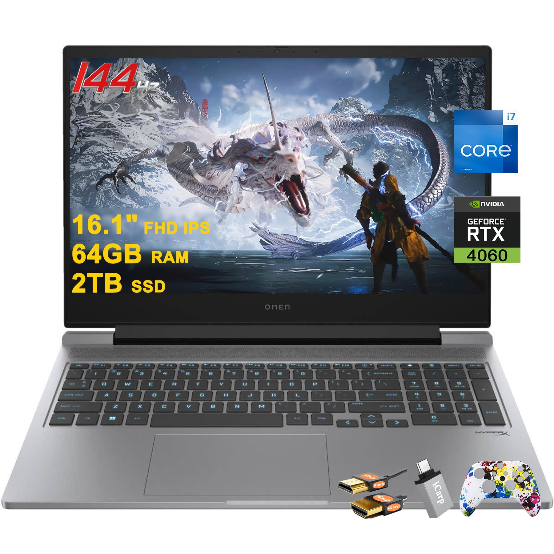 HP Omen 16 Gaming Laptop 16.1" FHD IPS 144Hz Intel 16-core i7-14650HX (>i9-13900HX) 64GB RAM 2TB SSD GeForce RTX 4060 RGB Backlit Thunderbolt FHD Privacy Camera Fast Charge Win11 w/ICP Accessory