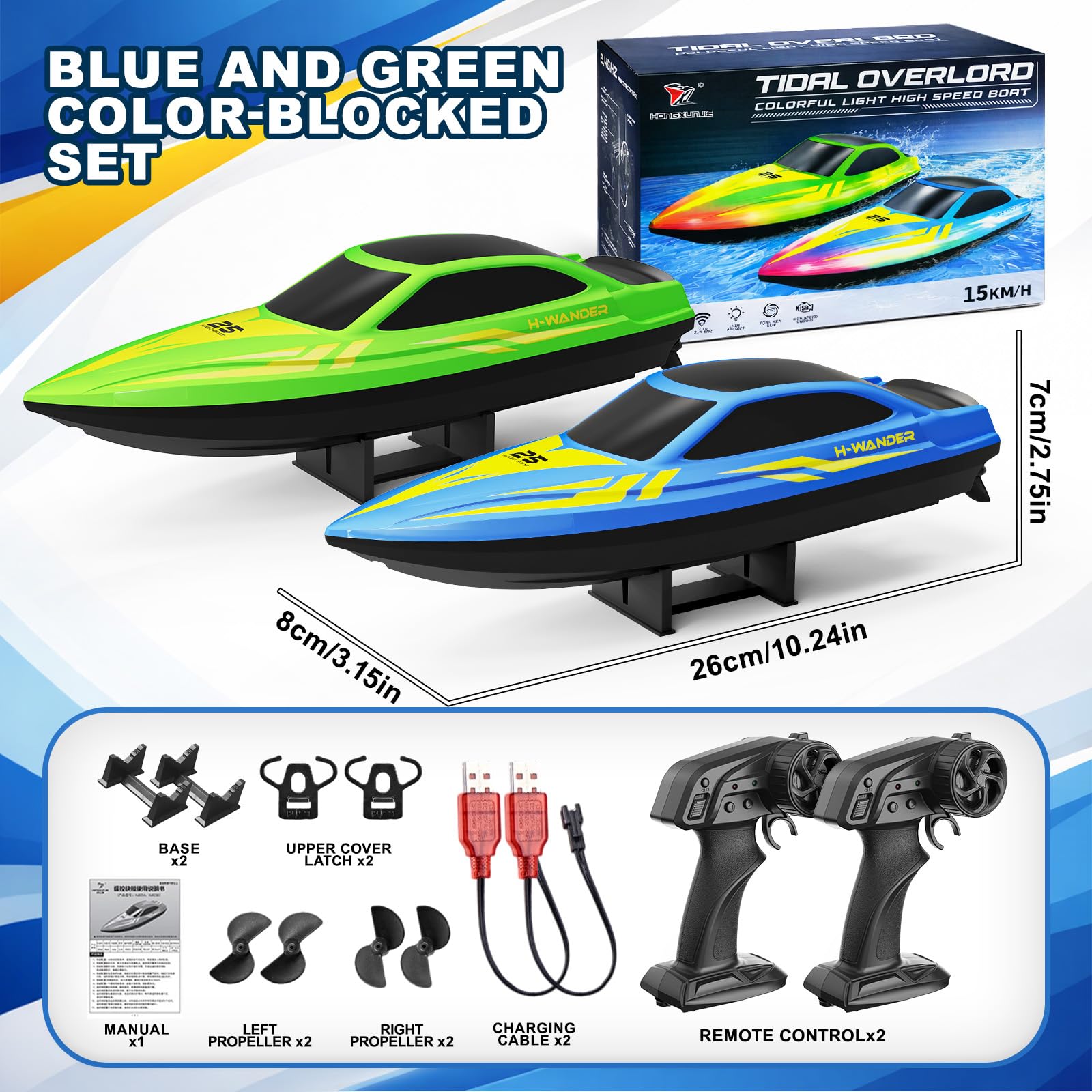 Barco Teledirigido RC 2 Unidades con Luces LED 7 Modos,hasta 15 km/h,Control Remoto 2.4GHz, Auto Flip, Alerta de Batería Baja y Distancia,4 Baterías, Barco RC Piscina y Lago, Regalo para Niños y Niñas