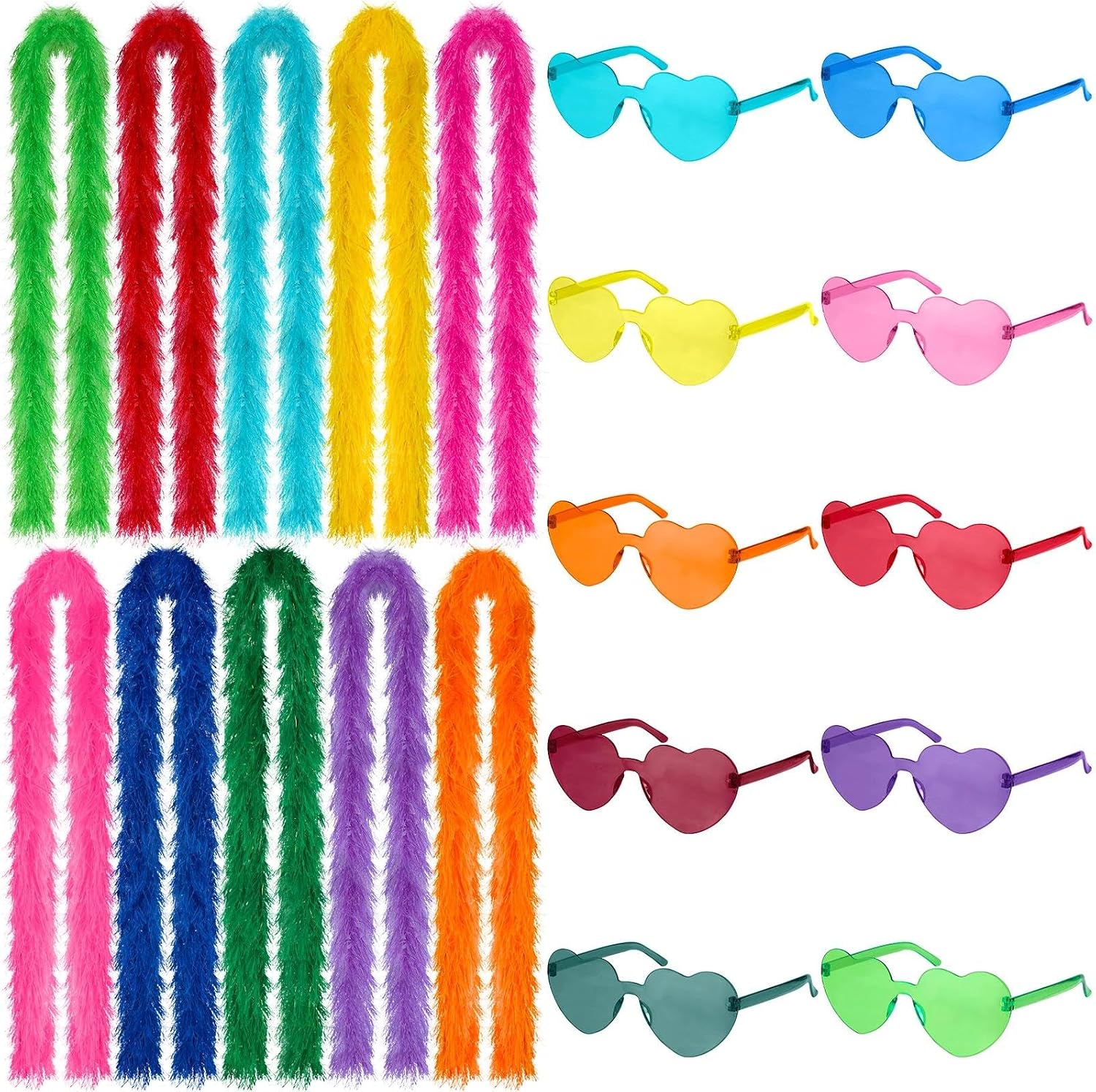 20 PCS Colorful Feather Boas and Rimless Heart Sunglasses,5 Ft,Artificial Fluffy Boa Set for Disco Bachelorette Party Wedding Birthday Halloween Christmas