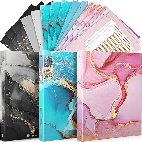Marble Binder Set: 3 Ring Binder with Colorful Dividers and File Folder Labels