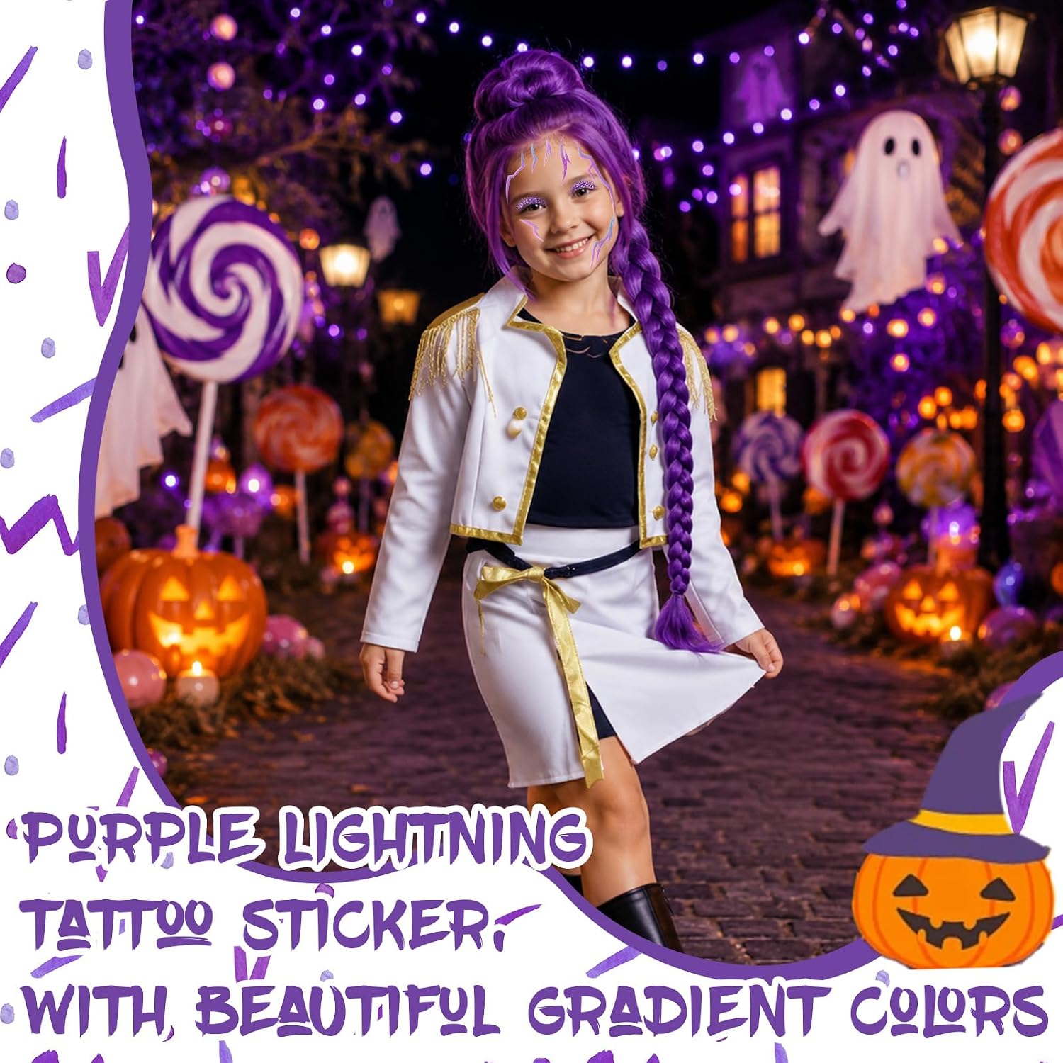 Halloween Demon Cosplay Set Purple Braid Wig Demon Mark Tattoos Purple Eyeshadow Halloween Cosplay Costume Accessories for Kpop Stage Look Party Accessories (Kids)