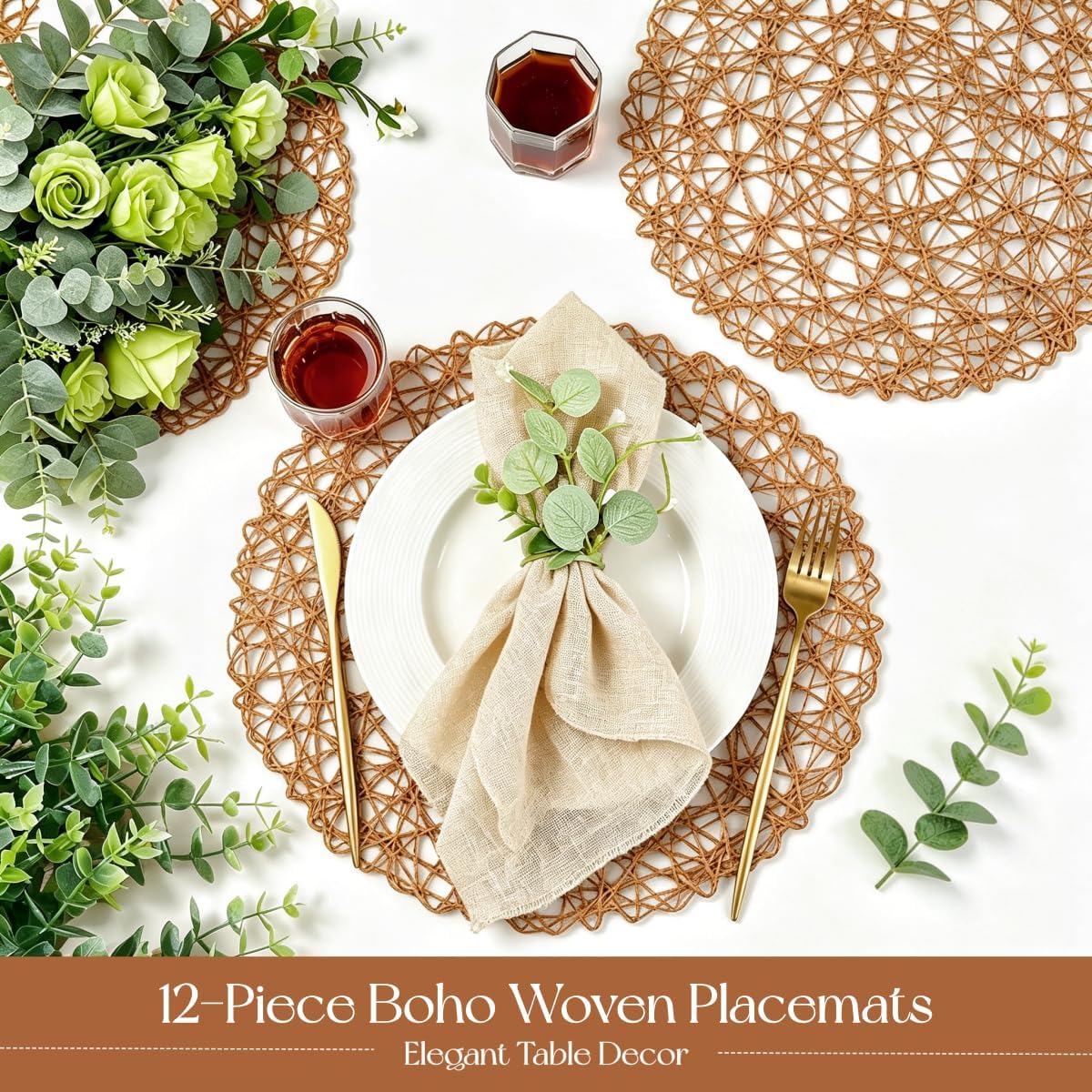 IcosaMro Brown Round Placemats Set of 12 for Dining Table, 13 Inches Paper Woven Boho Small Decorative Circle Place Mat for Wedding Christmas Thanksgiving Day Holiday Dinner, Light Coffee Brown image 2