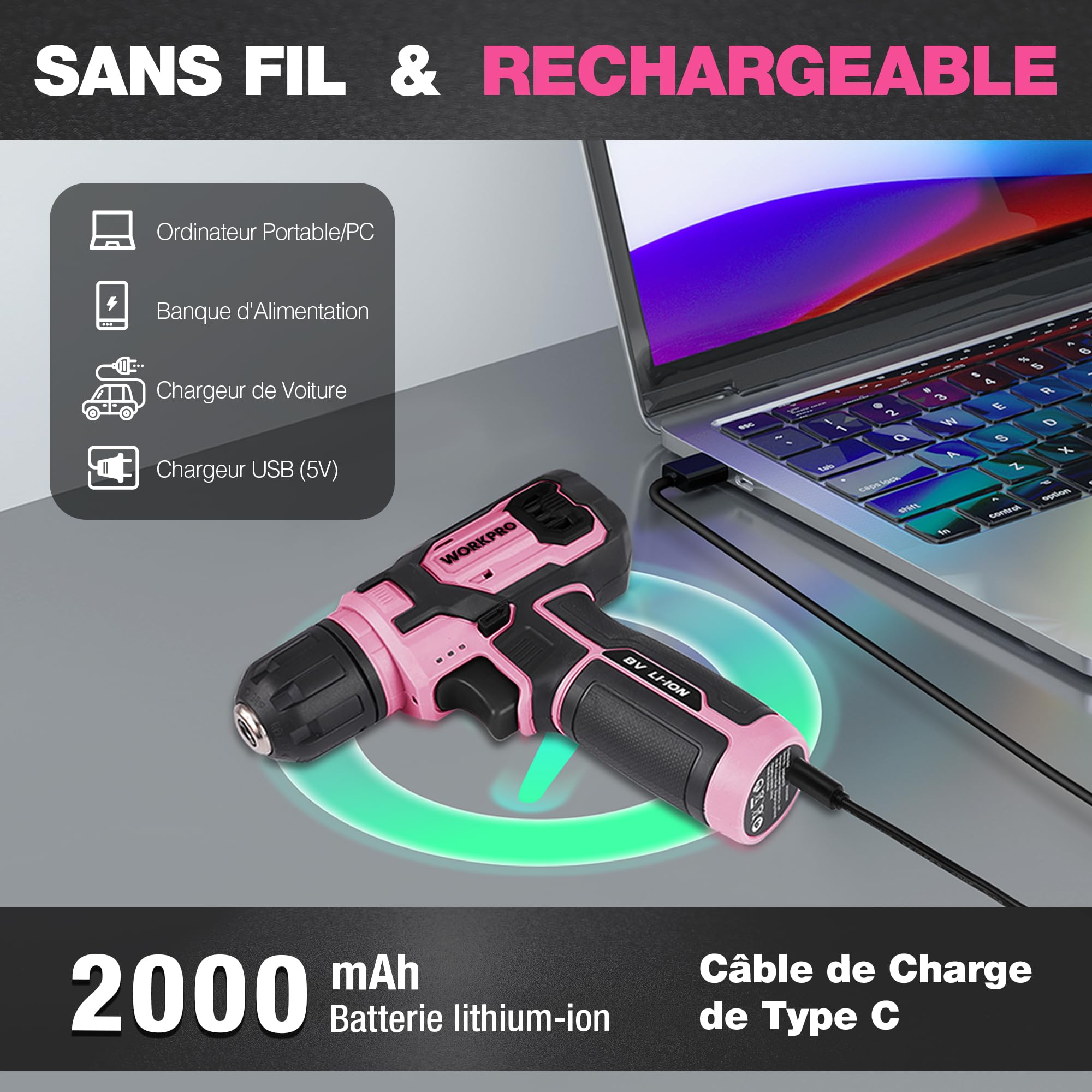 WORKPRO Perceuse Visseuse Sans Fil 8V, Mandrin 10mm, Kit 21 Pièces | Visseuse 2 en 1 avec LED, Charge USB-C, Accessoires 22 pièces pour Réparation Maison et DIY