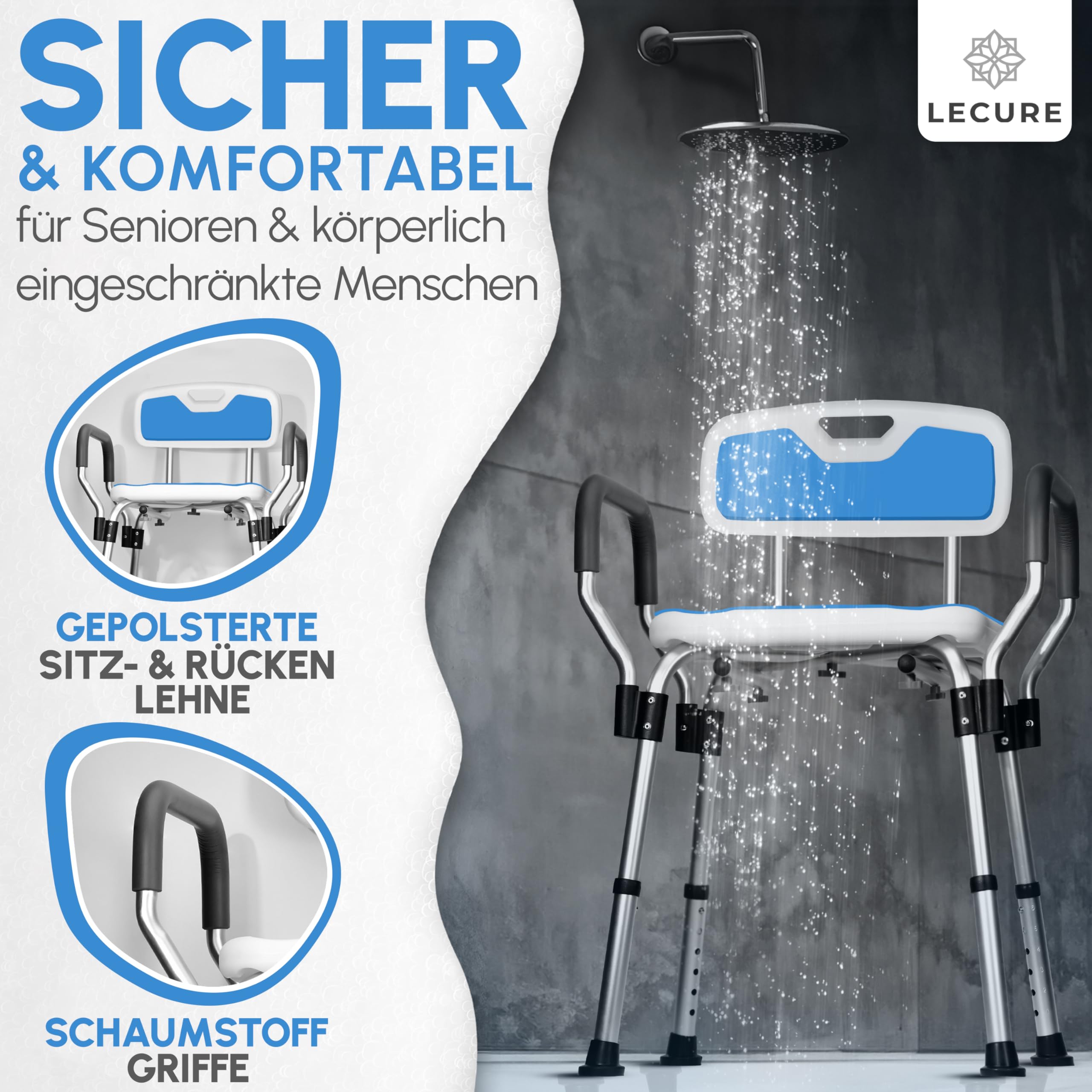 Duschstuhl für Senioren [höhenverstellbar & rutschfest] - gepolsterter Duschhocker mit Anti-Rutsch-Füßen und abnehmbaren Rücken- & Armlehnen [bis 200 kg]
