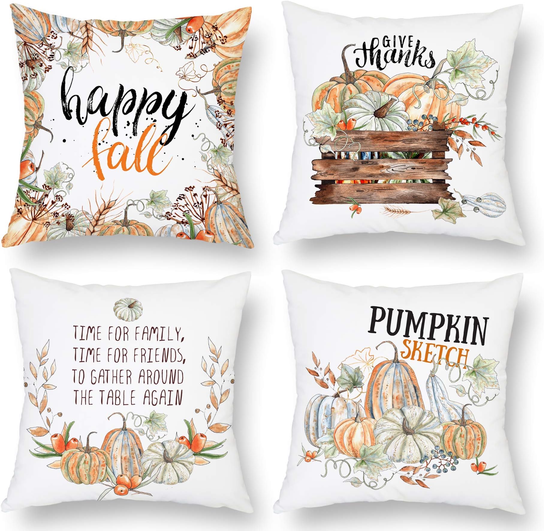 BLUETTEK Fall Pillow Covers Set of 4 18 x 18 Inch, Happy Thanksgiving Day Pumpkin Throw Pillows, Autumn Farmhouse Harvest Maple Leaves Cushion Cases