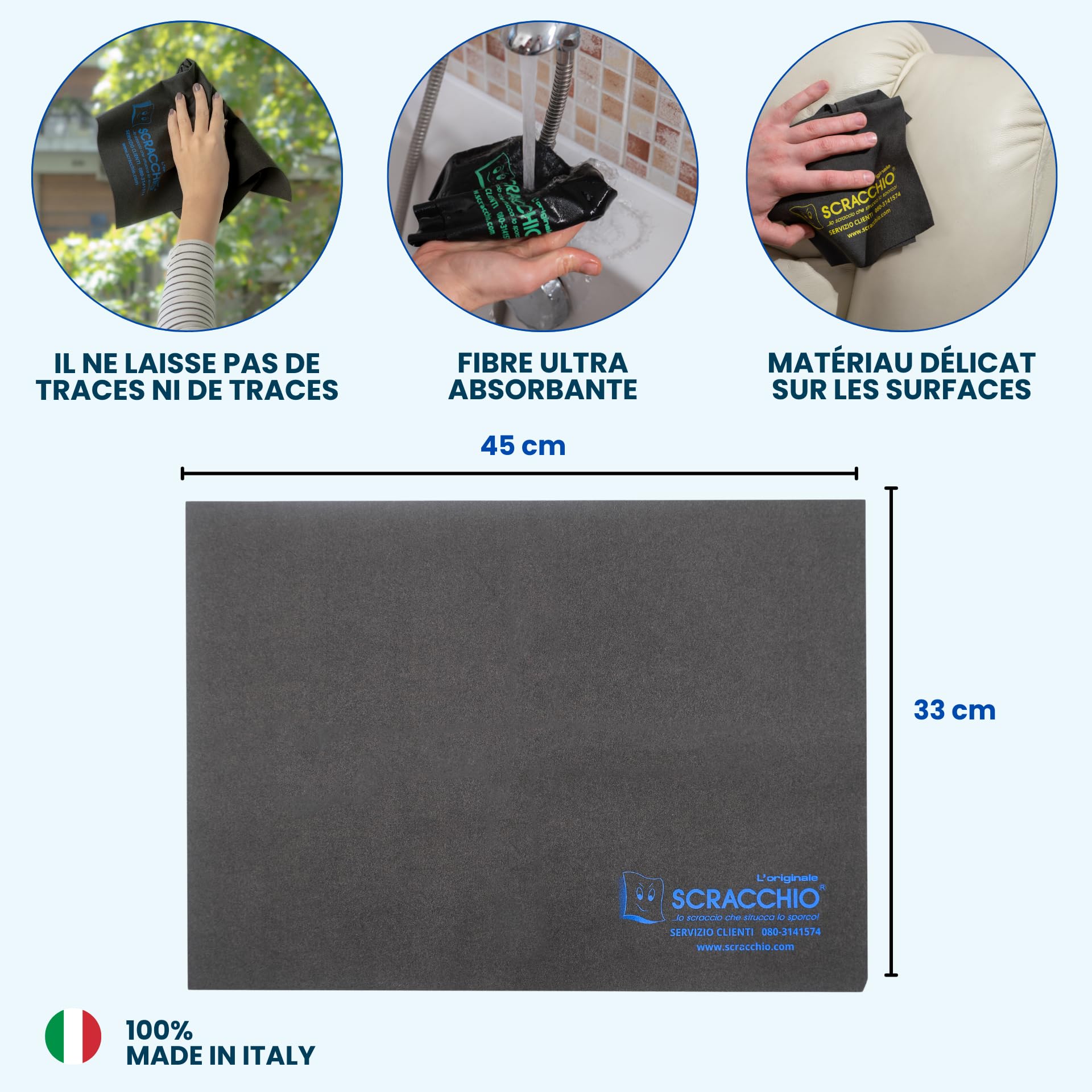 Scracchio Original – Chiffon Microfibre Durable +5 Ans, Chiffon Voiture, Nettoyage Maison, Bayette Microfibre pour Vitres, Miroirs et Surfaces, Nettoie Uniquement avec de l’Eau (3pcs)