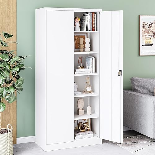 Vista 23 de Gabinete de metal de 72 pulgadas, armario de almacenamiento con bloqueo con 2 puertas y 5 estantes ajustables, gabinete de herramientas de acero