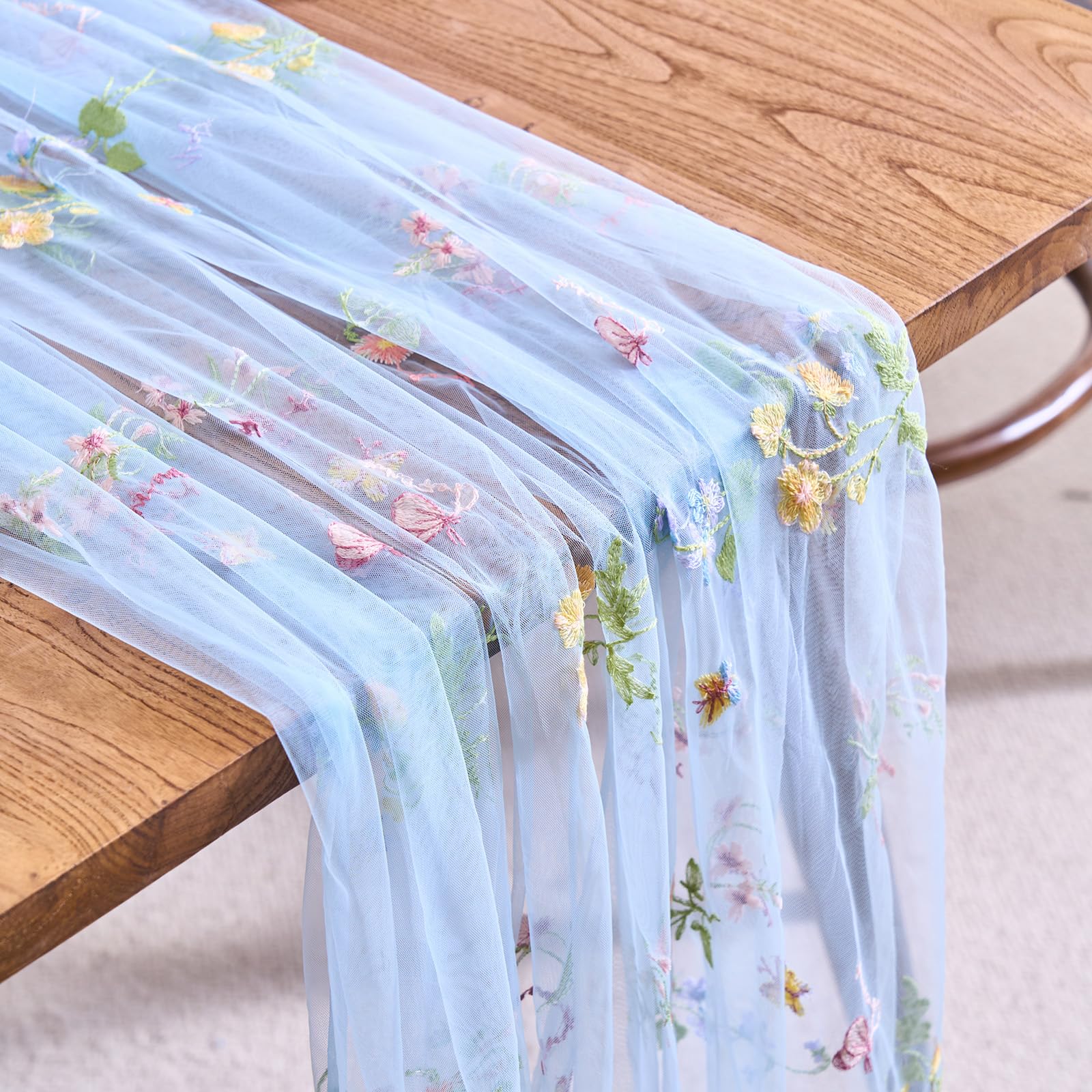 Photo 1 of vctops 2 Packs Embroidery Lace Fall Table Runner 10ft Floral Garden Seasonal Tulle Table Runner Holiday Kitchen Dining Table Decoration for Wedding Party Baby Shower Birthday (Blue,30"x120")