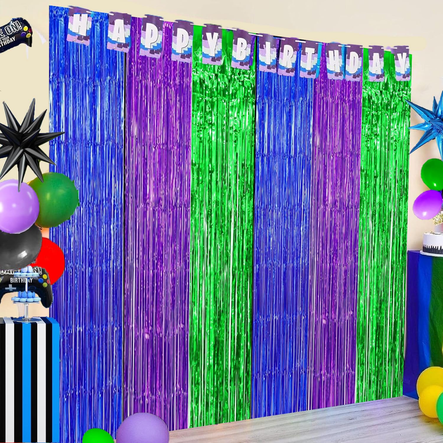 Night Video Game Birthday Decorations 2 Pack Purple Blue Green Backdrop Streamers 3.3x6.6ft Foil Fringe Curtains for Boys Game Fans Holiday Party