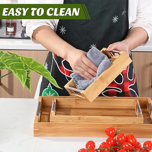 Miniatura 5 de Barydat Juego de 3 bandejas de bambú para servir con asas de metal, bandejas otomanas de madera para anidar, platos de comida y bandejas para