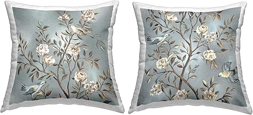 Stupell Industries Reneé Campbell - Juego de 2 almohadas con diseño de ramas florecientes con diseño de pájaros (18 x 18 pulgadas, color azul