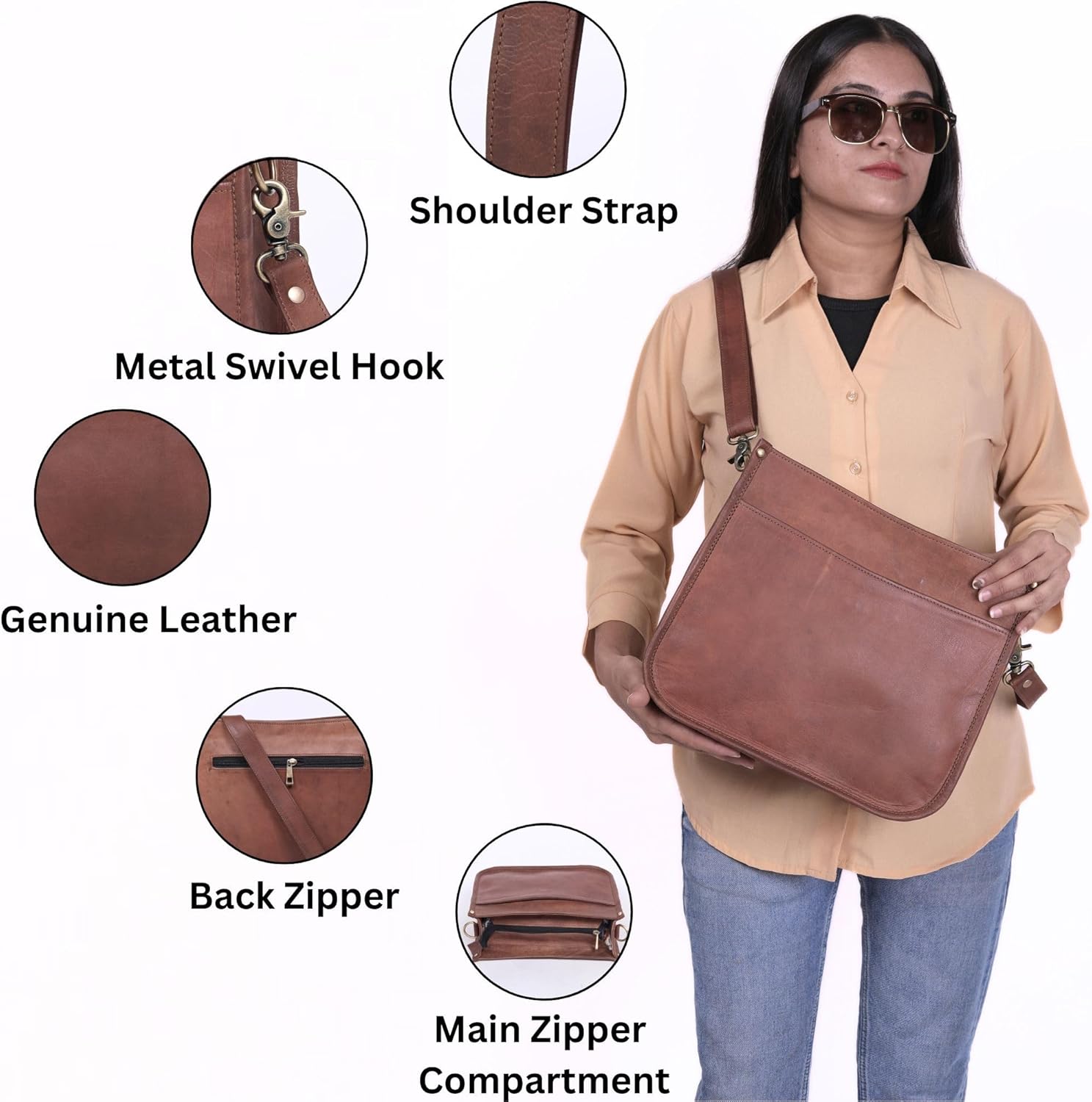Genuine Leather Crossbody Purse for Women – Medium Satchel Bag with Zipper Pocket – Soft Vintage Boho Handbag - Image 2