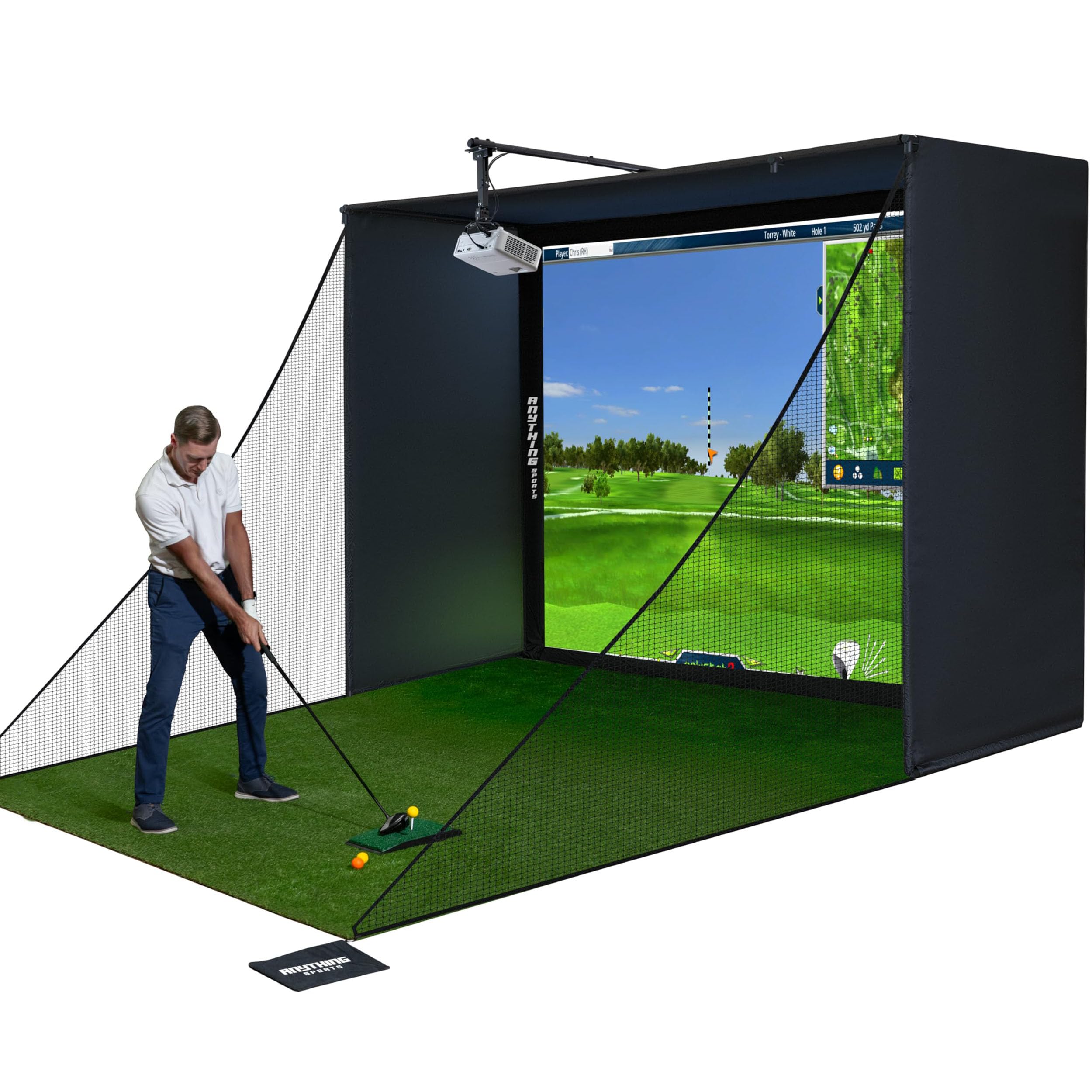 Anything Sports - Boîtier De Simulateur De Golf avec ÉCran D'impact 4k Et Filet De Protection - Cage D'entraînement Intérieure Complète - Structure en Métal