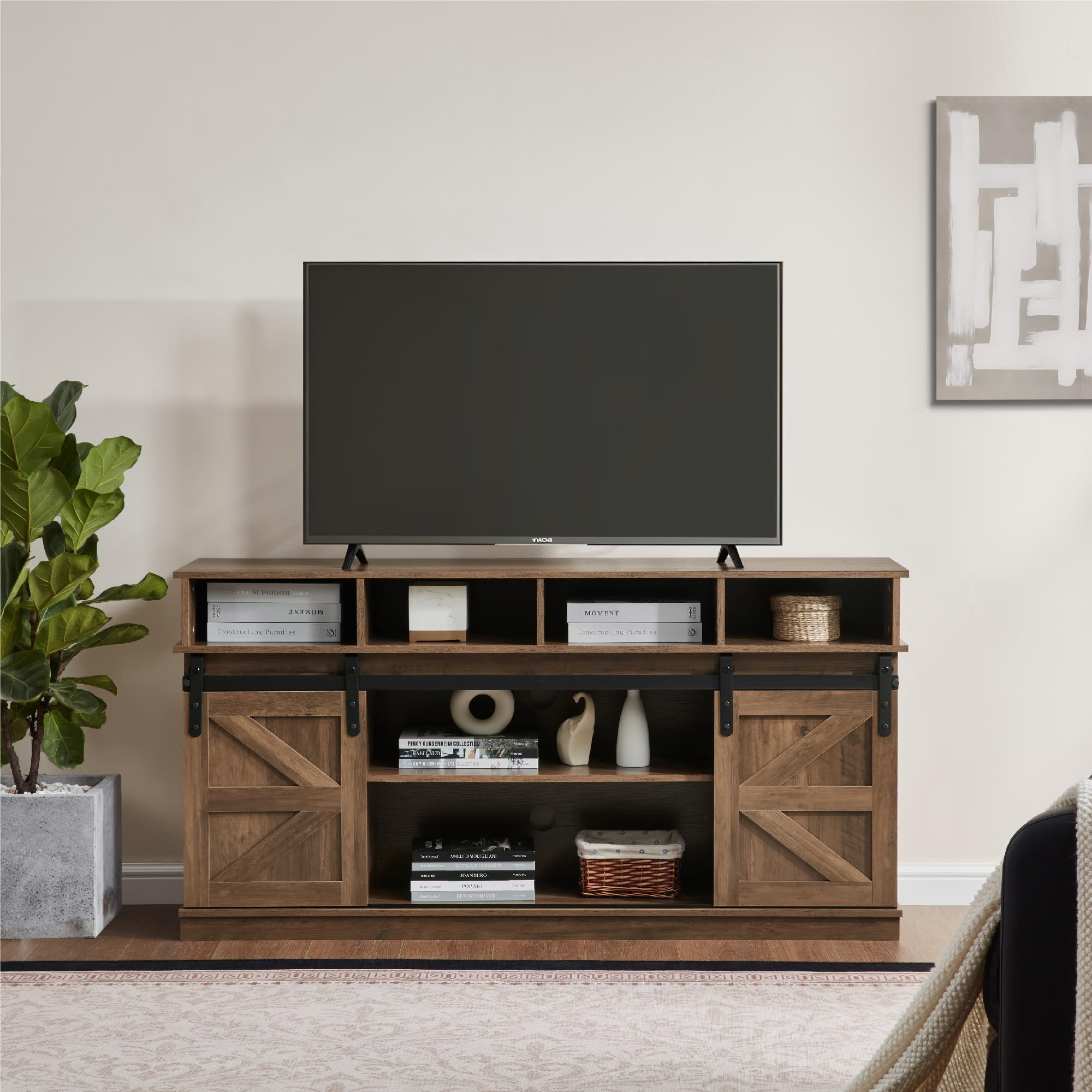 Softa 58" TV Stand, Modern & Farmhouse Wood Entertainment Center for TVs Up to 65", with Sliding Barn Door, Storage Cabinet Table, Adjustable Shelves