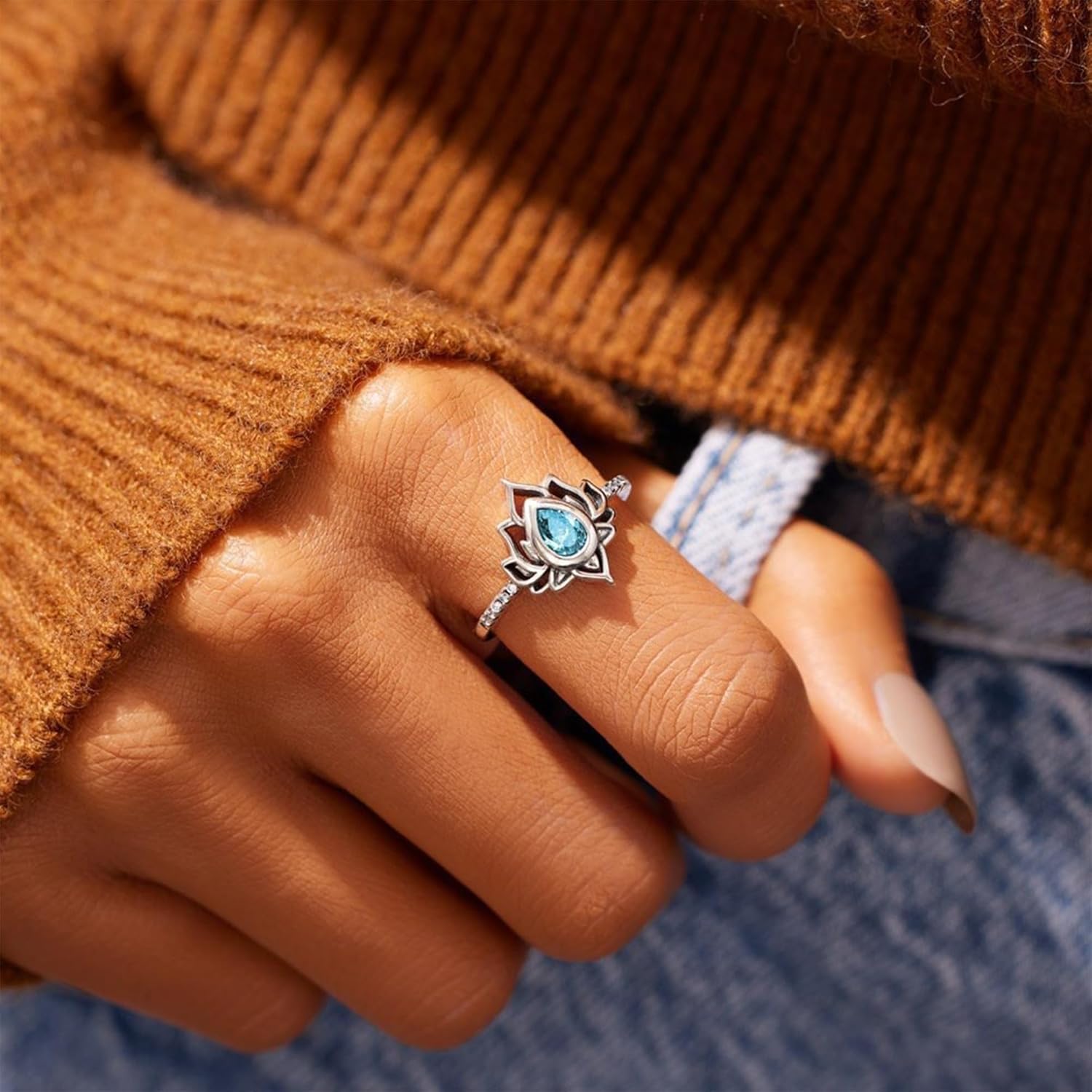 Vintage Lotus Flower Ring for Women,Daity Silver Statement Rings for Women Non Tarnish,1ct Blue Pear-Shaped CZ Engagement Ring, No Mud No Lotus Jewelry for Sisters,Inspirational Friendship Gift - Image 2