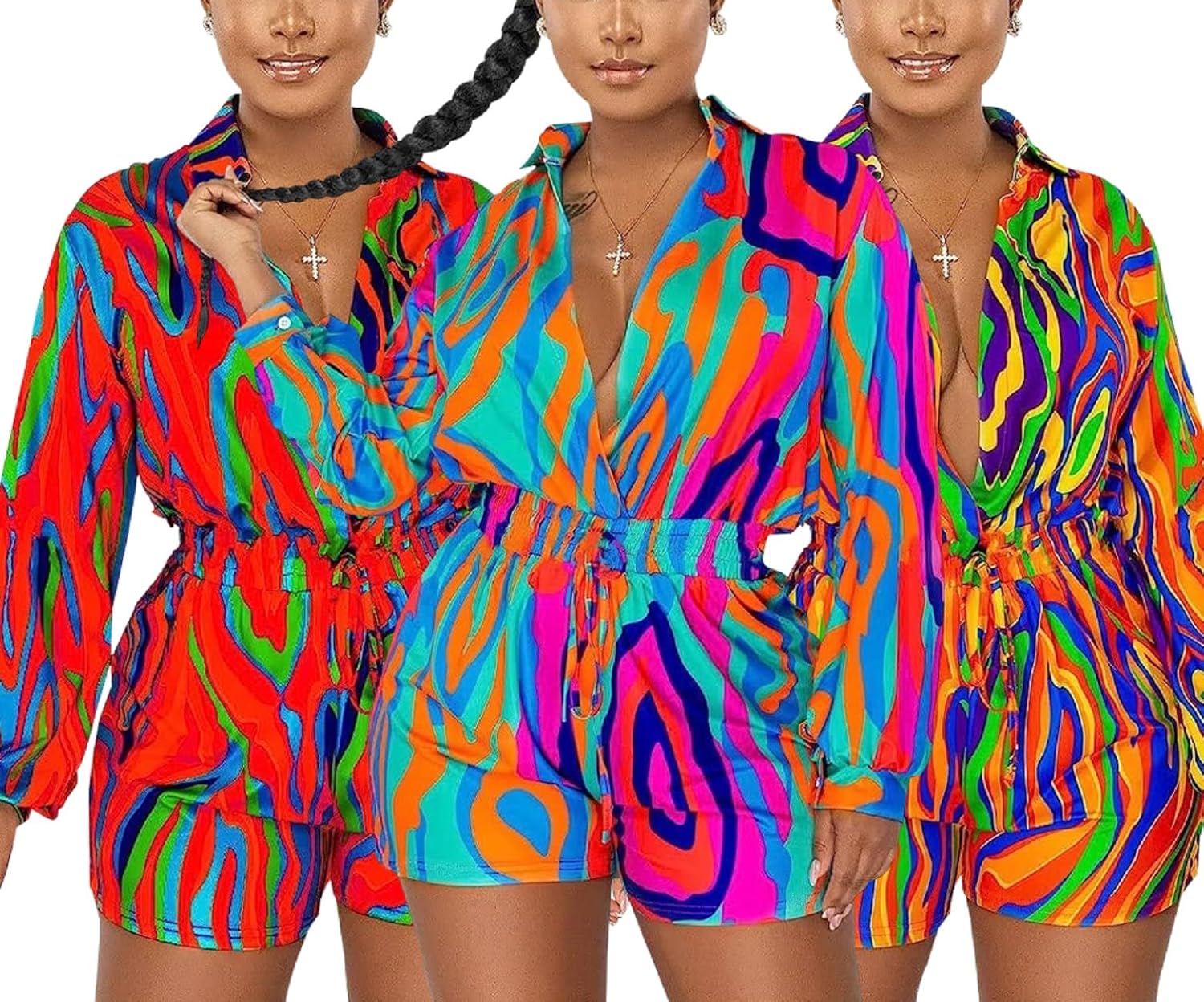 Glozeplus Women Sexy One Piece Deep V Neck Printed Shorts Jumpsuit Long Sleeve High Waist Elastic Romper Clubwear Outfits - Image 4
