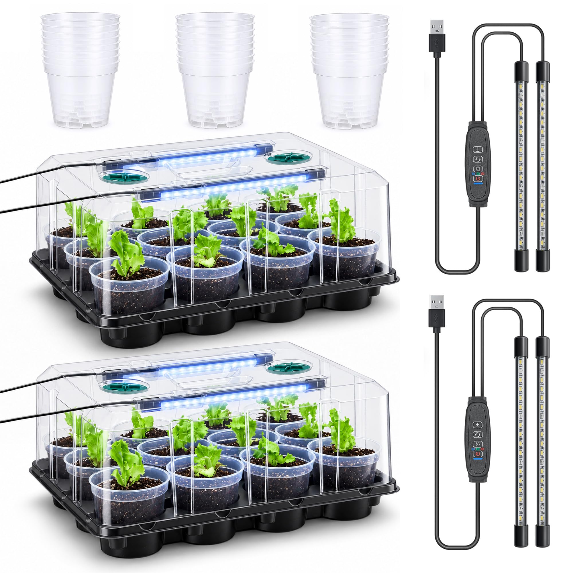 homenote Lot de 2 plateaux de démarrage de graines de 10,2 cm, 12 cellules | Avec lampe de croissance, dôme d'humidité, 24 pots de pépinière de 10,2 cm, kit de germination en plastique