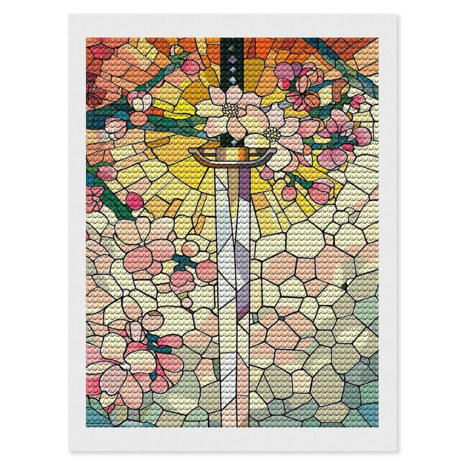 Junmoney Stained Glass Sword and Flowers Diamond Art Kit 12"x16", Relaxing DIY Hobby, Satisfying Creative Project, Living Room Decor, for Women