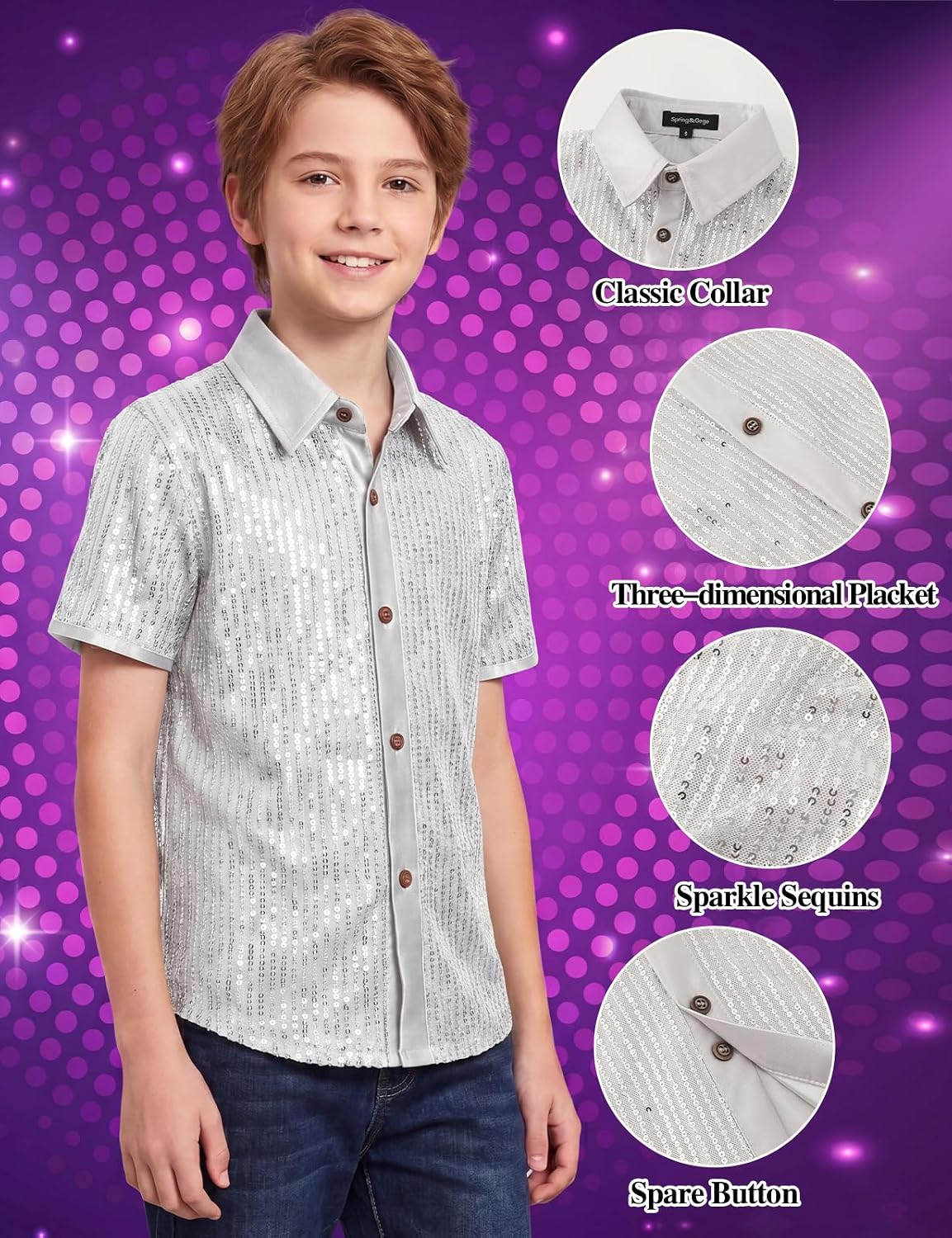 Spring&Gege Boys' Sequin Shiny Button Down Shirt Short Sleeve Sparkle Glitter Dance Disco Outfit (5-14 Years)