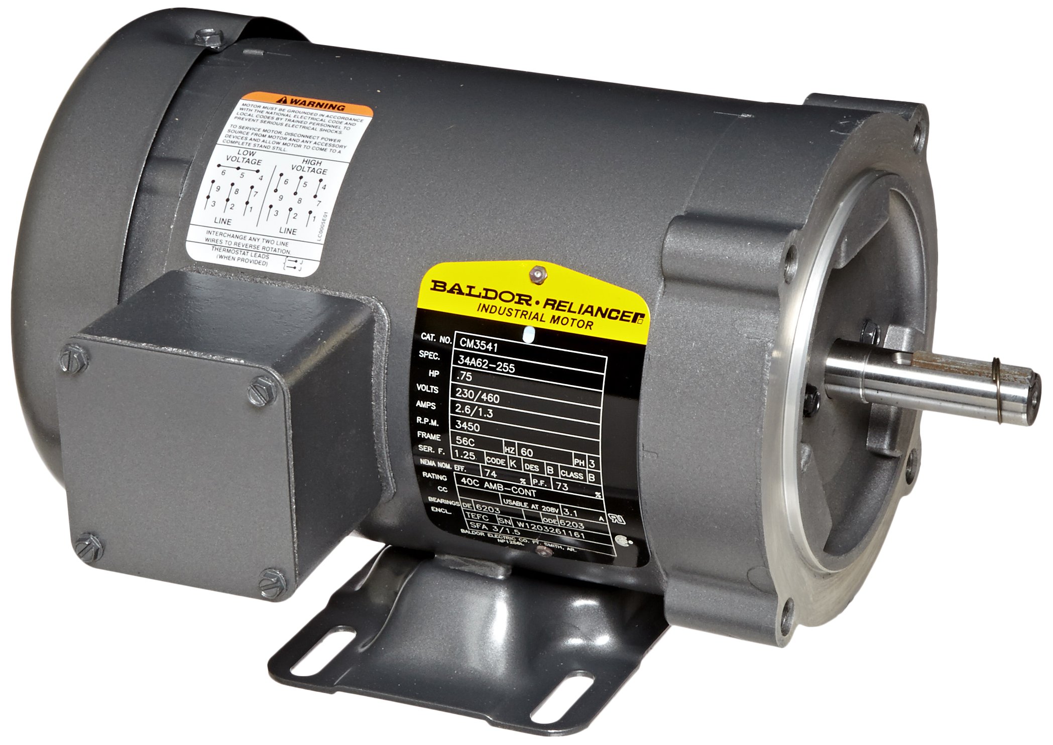 Baldor CM3541 General Purpose AC Motor, 3 Phase, 56C Frame, TEFC Enclosure, 3/4Hp Output, 3450rpm, 60Hz, 230/460V Voltage