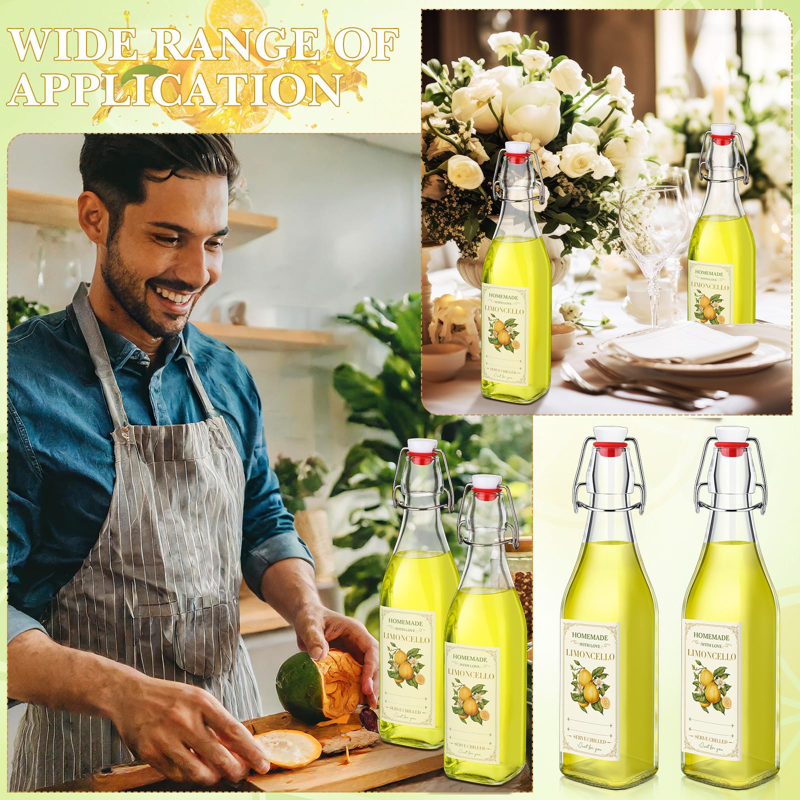 Havawish Bügelverschluss-Glasflaschen für Limoncello hausgemachte klare Bierflaschen mit luftdichtem Deckel, Etiketten zum Brauen von Limoncello, Getränke, Likör (quadratischer Stil), 10 Stück