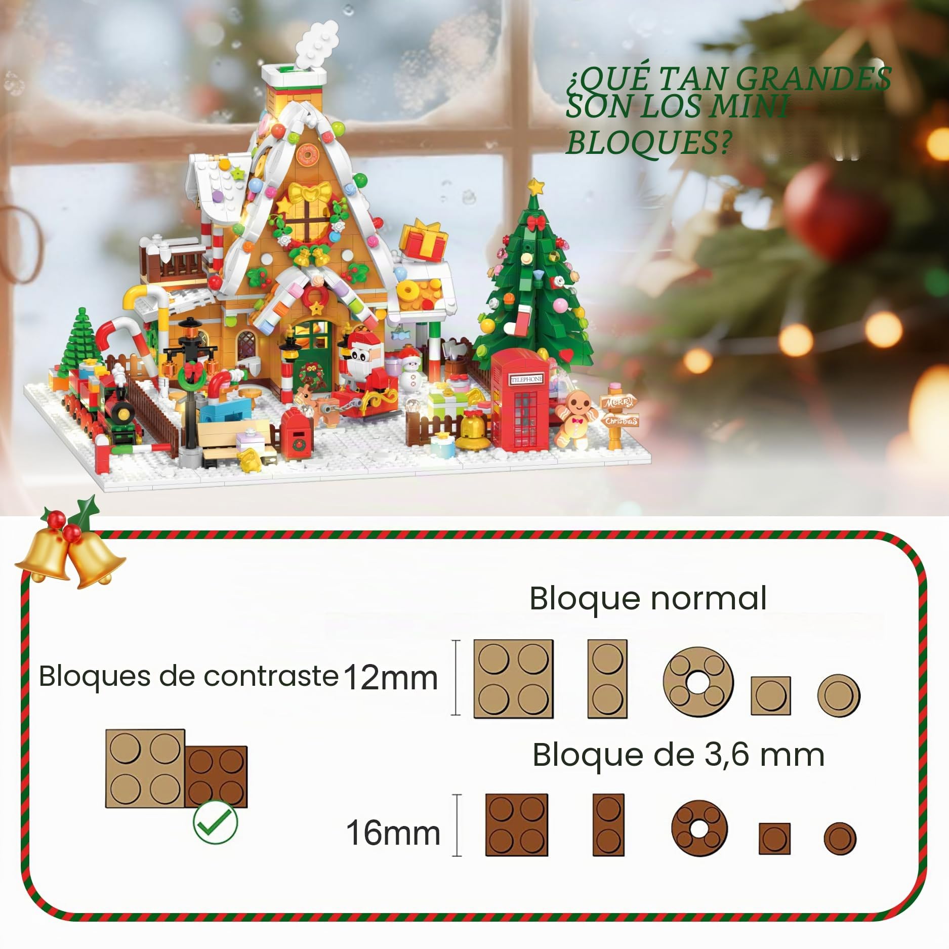 Plaxsoon - Casa de pan de jengibre navideño, juguete de construcción con luces, casa de Navidad, mini bloques de apriete - juguete con Papá Noel - Tren - 1763 piezas - Regalo para adultos, niños y