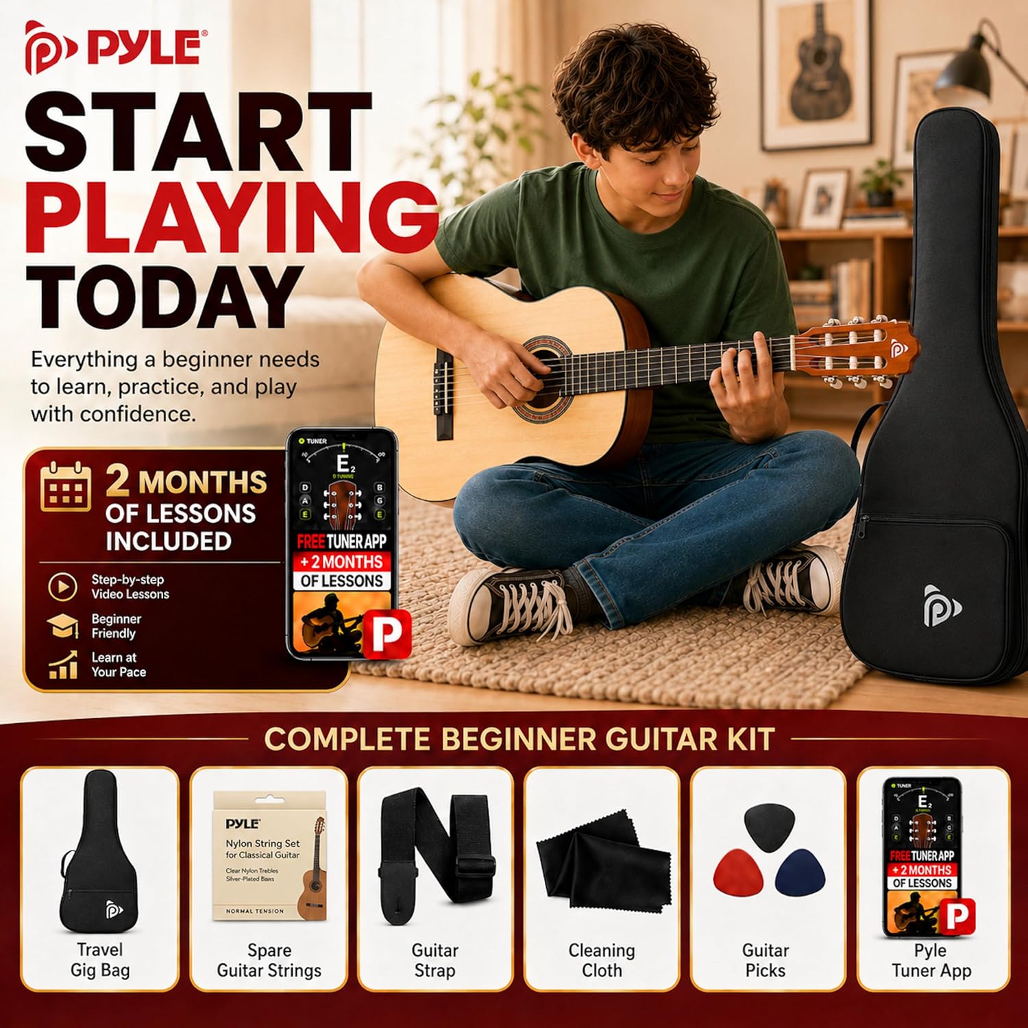 Pyle 30-Inch Beginner Acoustic Guitar Kit, 1/4 Size Junior Classical Nylon String Guitar for Kids and Adults, Includes Gig Bag, Strap, Spare Strings, Picks, Cleaning Cloth, Natural, Gloss
