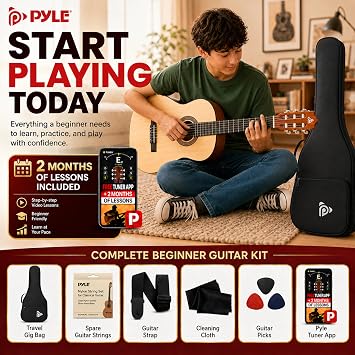 Pyle Beginner Acoustic Guitar Kit, 1/4 Junior Size All Wood Instrument for Kids, Adults, 30 Natural Ash
