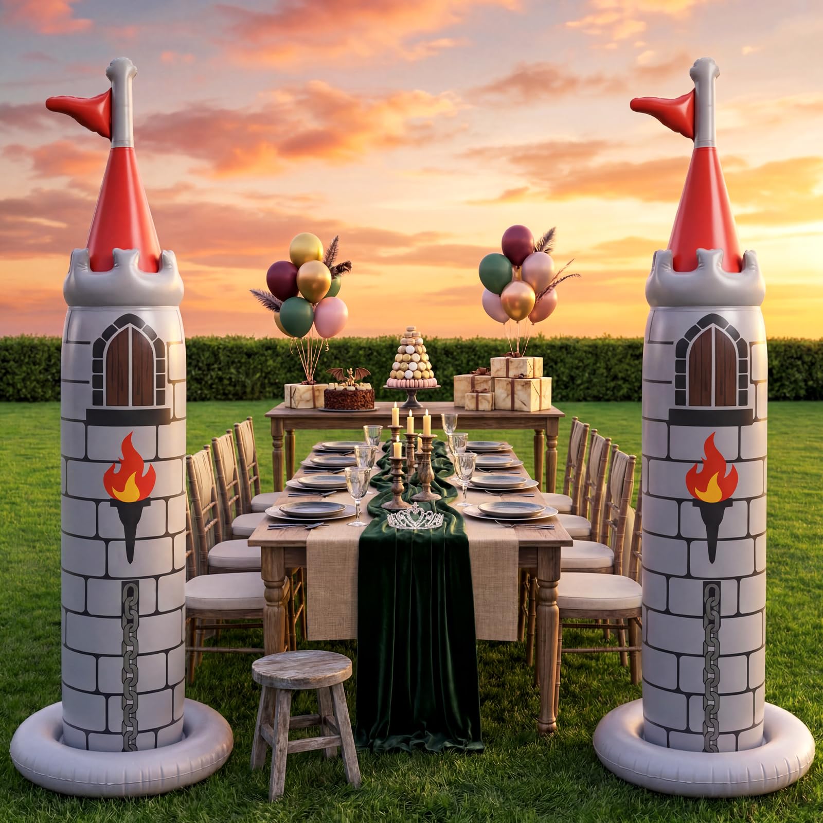 Skylety Lot de 2 décorations de fête d'anniversaire de 2 m, château gonflable pour jardin, intérieur et extérieur (gris, médiéval)