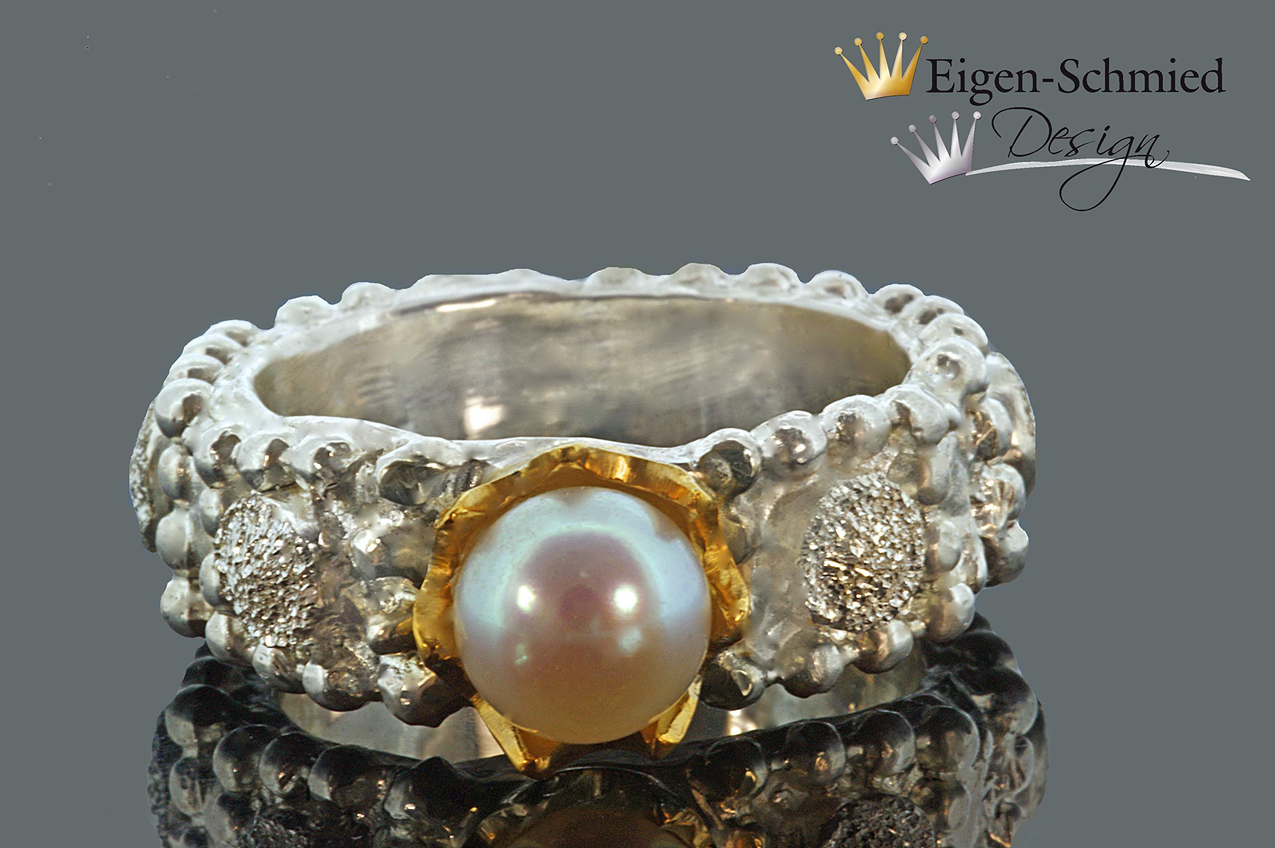 Goldschmiede Silberring Mosaik mit Perle, Ring Silber, Krone, Perlenring, handgefertigt, Unikat, Damenring, Silberschmuck, Valentinstag