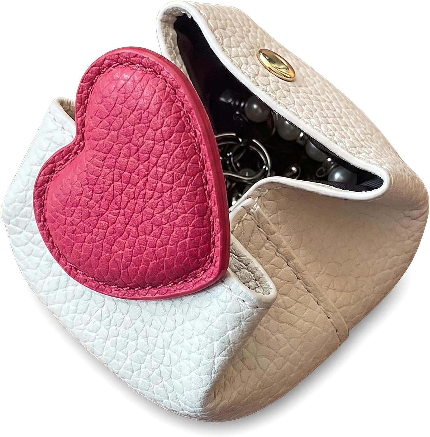 Cute Heart Snap Mini PU Jewelry Storage Pouch, Portable Travel Small Earring Ring Organizer Bag, Sweet Aesthetic Makeup Accessory Purse, Ideal Gift for Women Girls Valentine Birthday