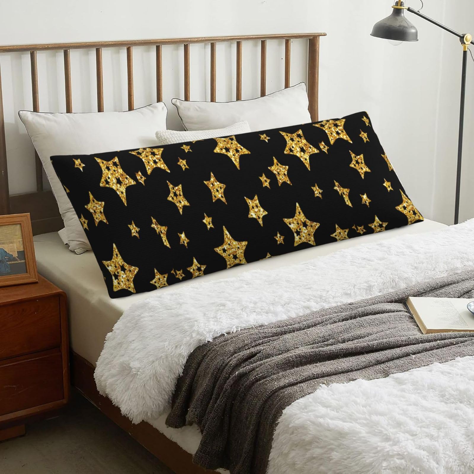 Black And Gold Stars, Body Pillow Cover with Zipper,Long Body Pillowcase 20 x 60 in