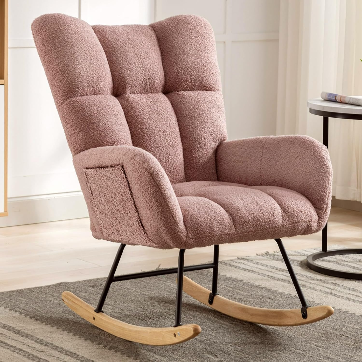 Rocking Chair Nursery, Teddy Upholstered Glider Rocker with High Backrest, Reading Chair Modern Rocking Accent Chairs Glider Recliner for Living Room, Nursery, Bedroom,Pink