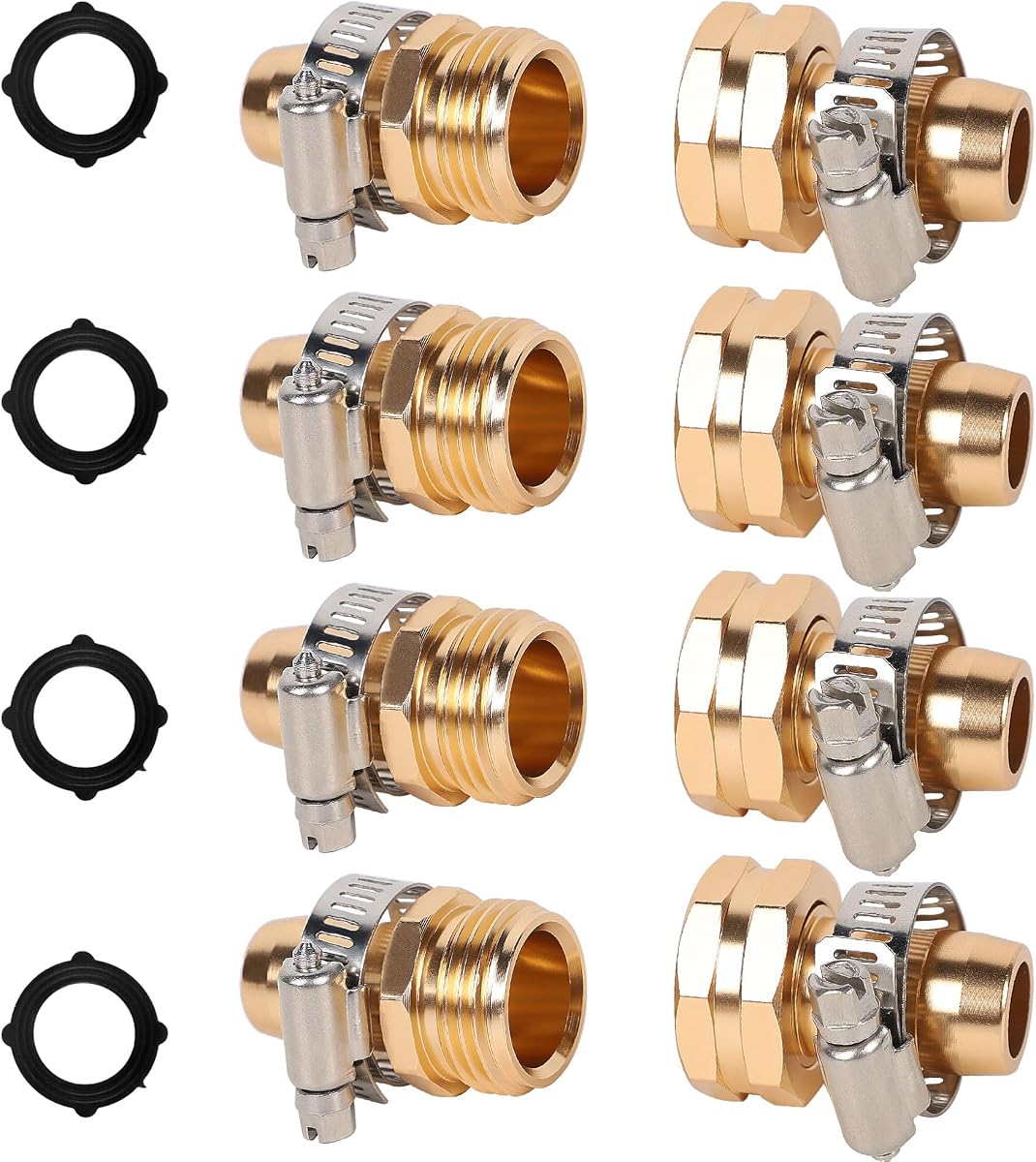 Garden Hose Repair Connector, 4 Sets, Aluminum | With Clamps, Water Hose End Replacement, Fit for 3/4" and 5/8" Garden Hose Fittings