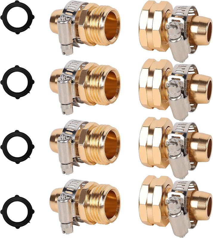Garden Hose Repair Connector, 4 Sets, Aluminum | With Clamps, Water Hose End Replacement, Fit for 3/4" and 5/8" Garden Hose Fittings
