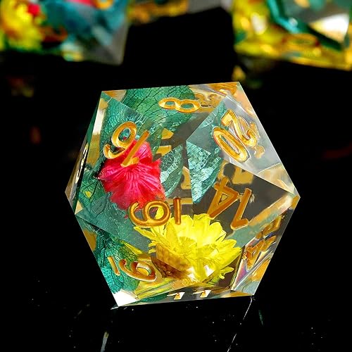 Haxtec Juego de dados DND de resina de borde afilado, 7 dados poliédricos para D&D de color amarillo, azul, rojo, para juegos de rol como Calabozos