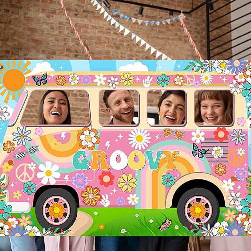 Miniatura 7 de Decoraciones de fiesta hippie Groovy Bus Banner de los años 60, telón de fondo de margarita, recortado de la cara de los años 60, accesorios para