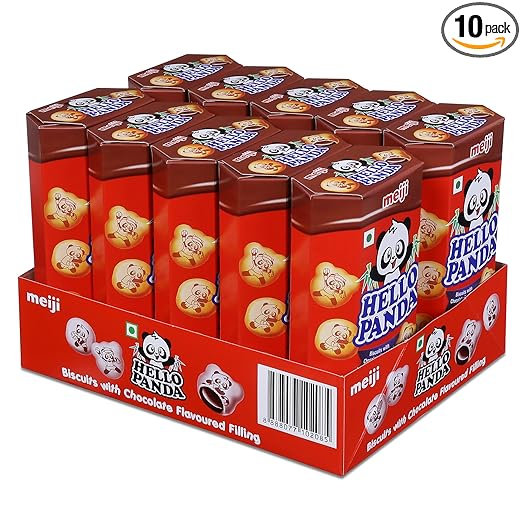Meiji Hello Panda Biscuits with Chocolate Flavoured Filling| Bite Sized Biscuits filled with Chocolate flavoured Cream| (Pack of 10-500g)