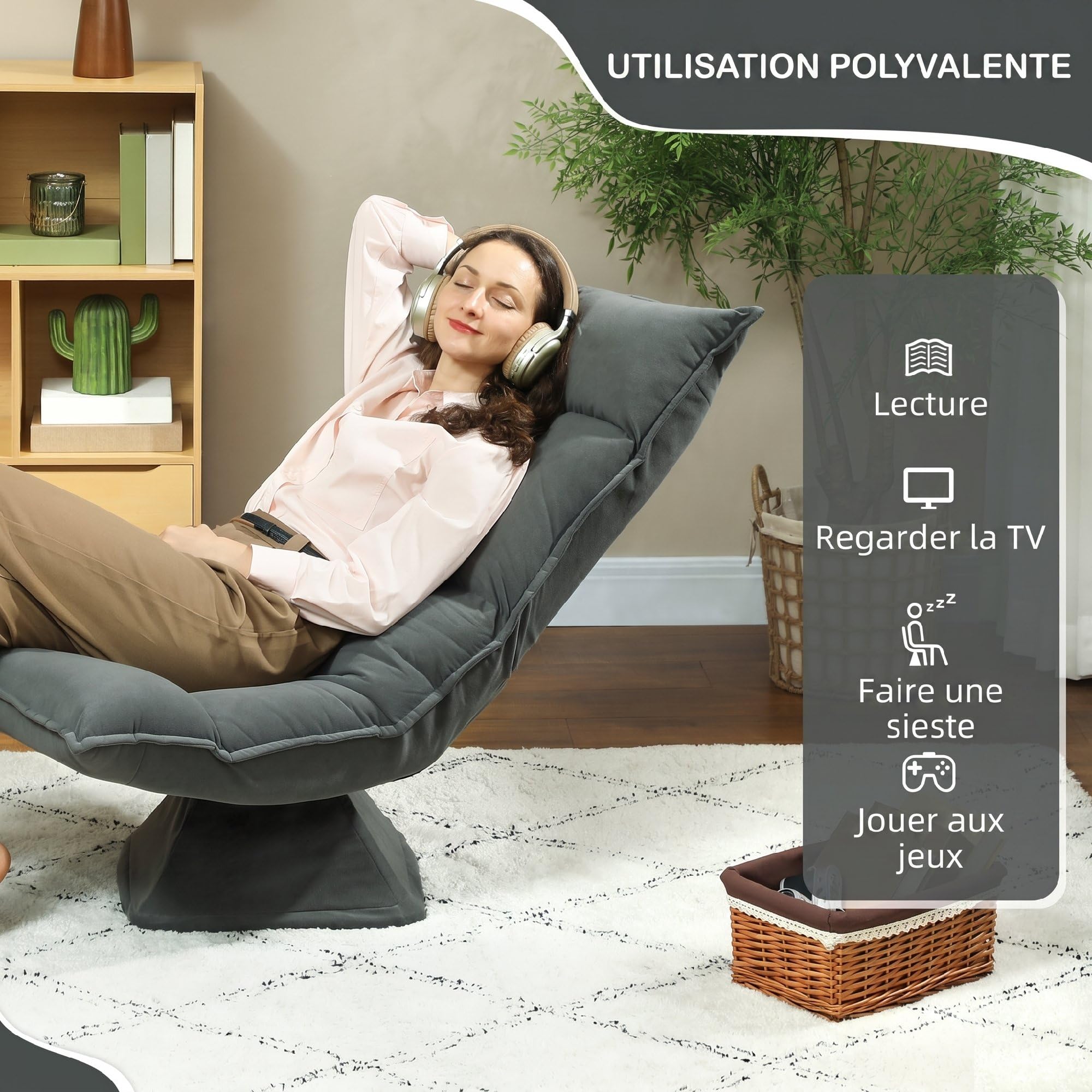 HOMCOM Chaise de Sol Pivotante à 360°, Fauteuil Pliable en Velours avec Dossier Réglable 5 Positions, Chaise Méditation Rembourrée pour Salon, Gaming et Lecture, Gris Foncé