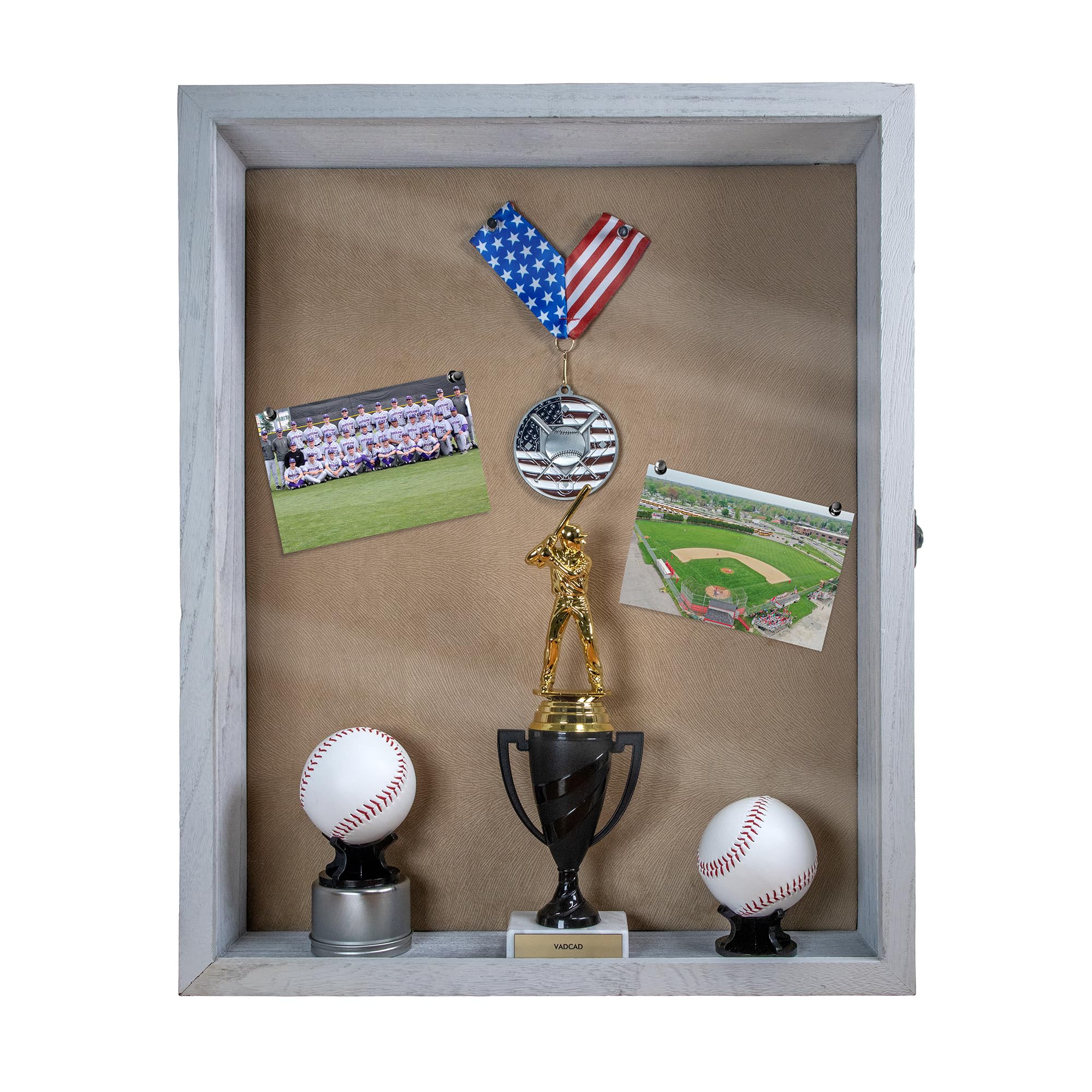 VADCAD 16X20 Shadow Box with Glass Front, Now with a 4 Inch Deep Interior, Extra Large Solid Wood, Distressed White, Suede Interior Back with Hinge Lock, (Shadow Box Only-Display Items Not Included)