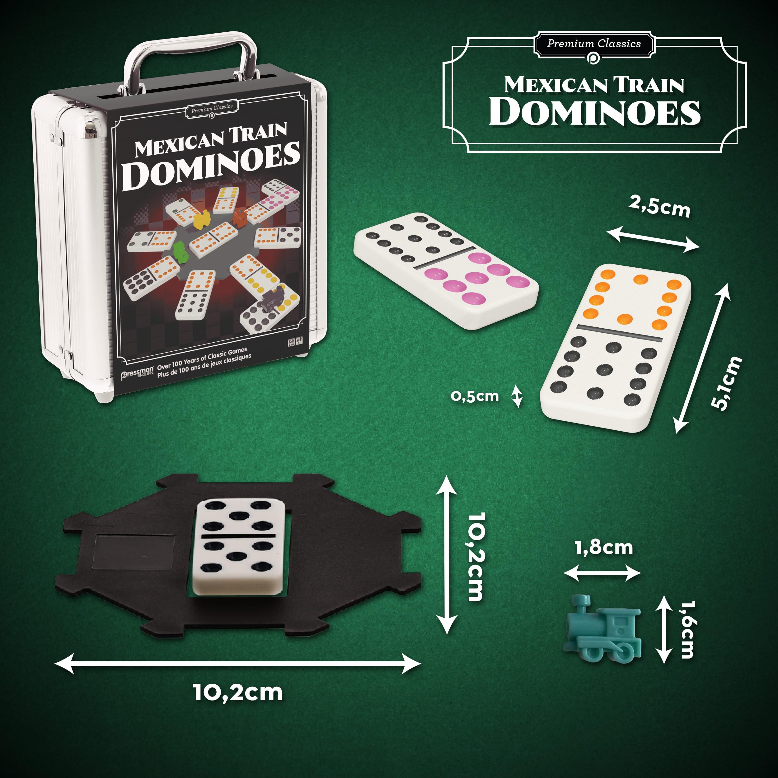 Goliath - MEXICAN TRAIN DOMINOES, aluminiowa cyna, gra domino dla dzieci od 6 lat, gra towarzyska dla 2-10 graczy, strategiczna gra planszowa