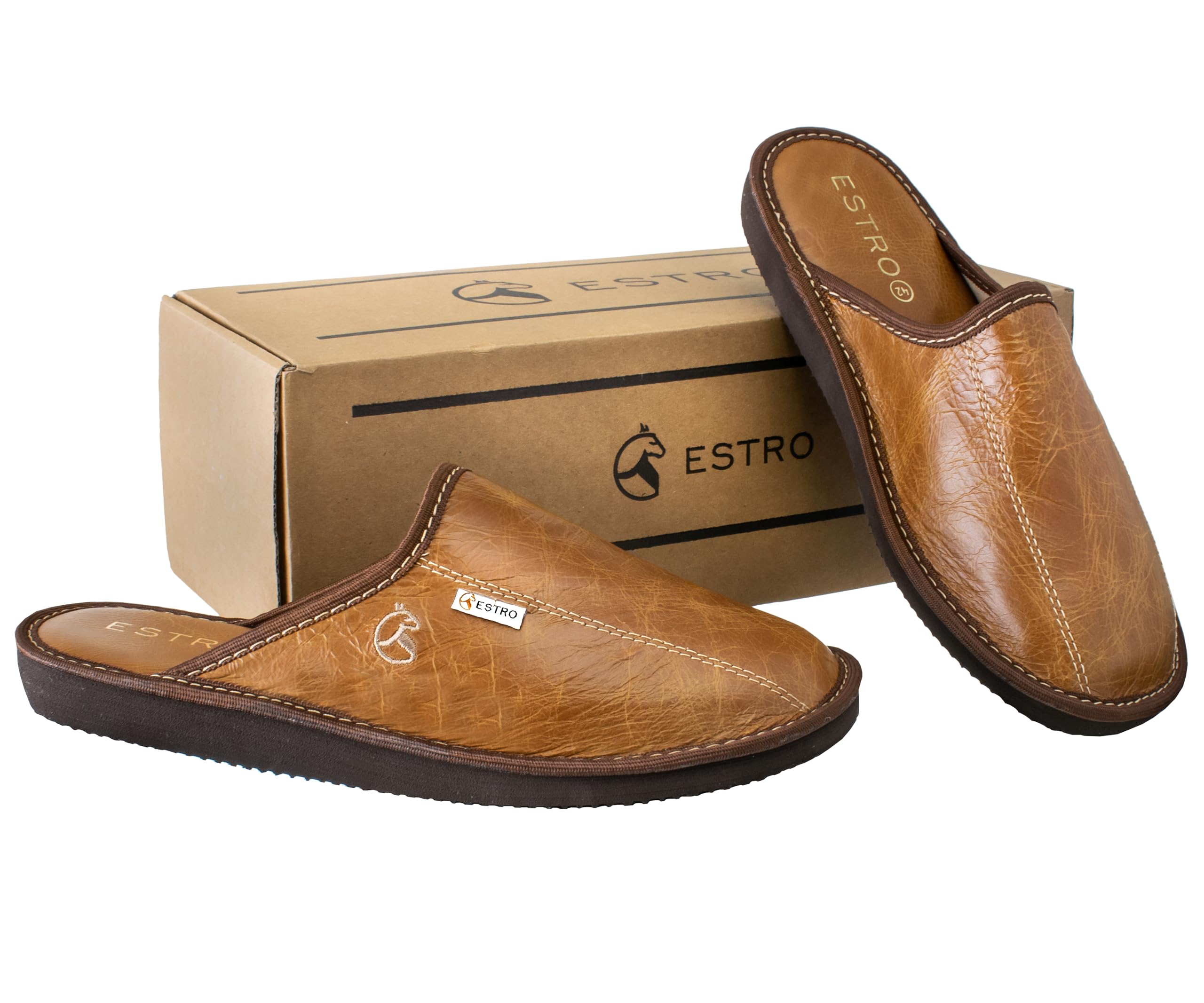 ESTRO Chaussons Homme Pantoufles Hommes - Mules Hommes Cuir Laine Pantoufles Homme Cuir Semelle Inoubliable RUST